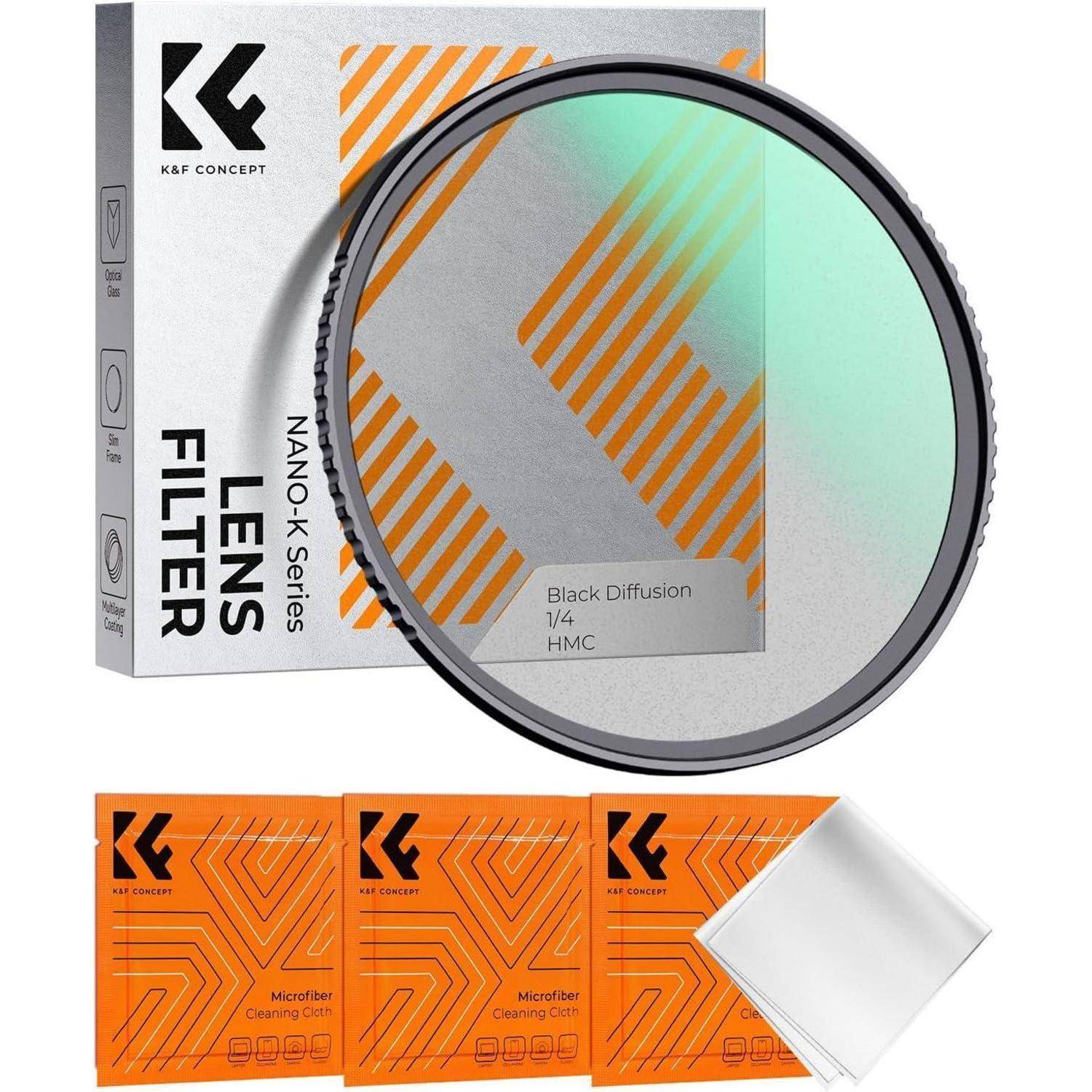 Objektivfilter-Paket mit Karton, beschriftet mit 'Nano K Series Lens Filter Schwarz Diffusion 1/4 HMC', enthält drei orangefarbene Mikrofaser-Reinigungstücher.