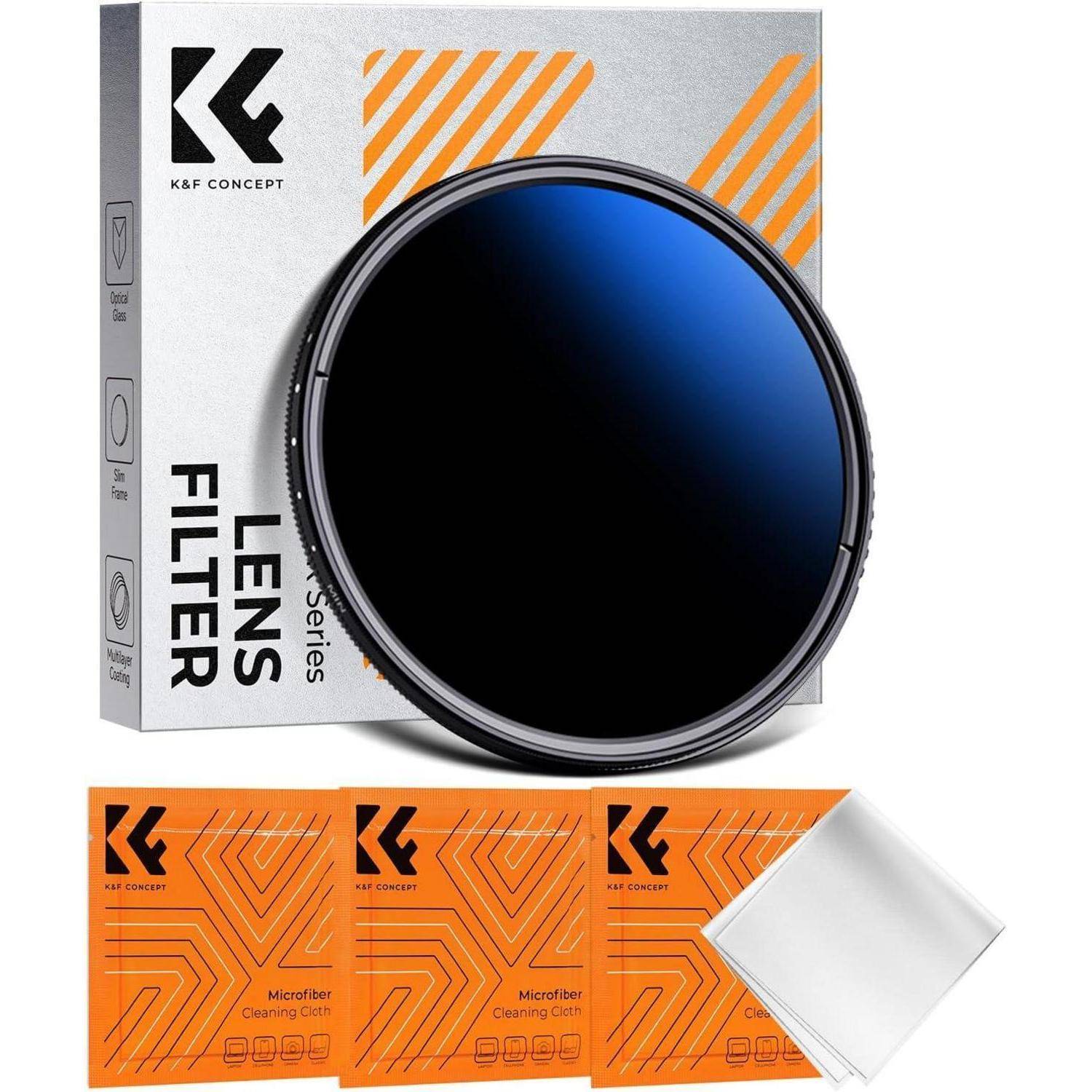 Ein kreisförmiger Kameraobjektivfilter mit einer Blau-Verlaufstönung, präsentiert mit seiner Verpackung mit der Beschriftung 