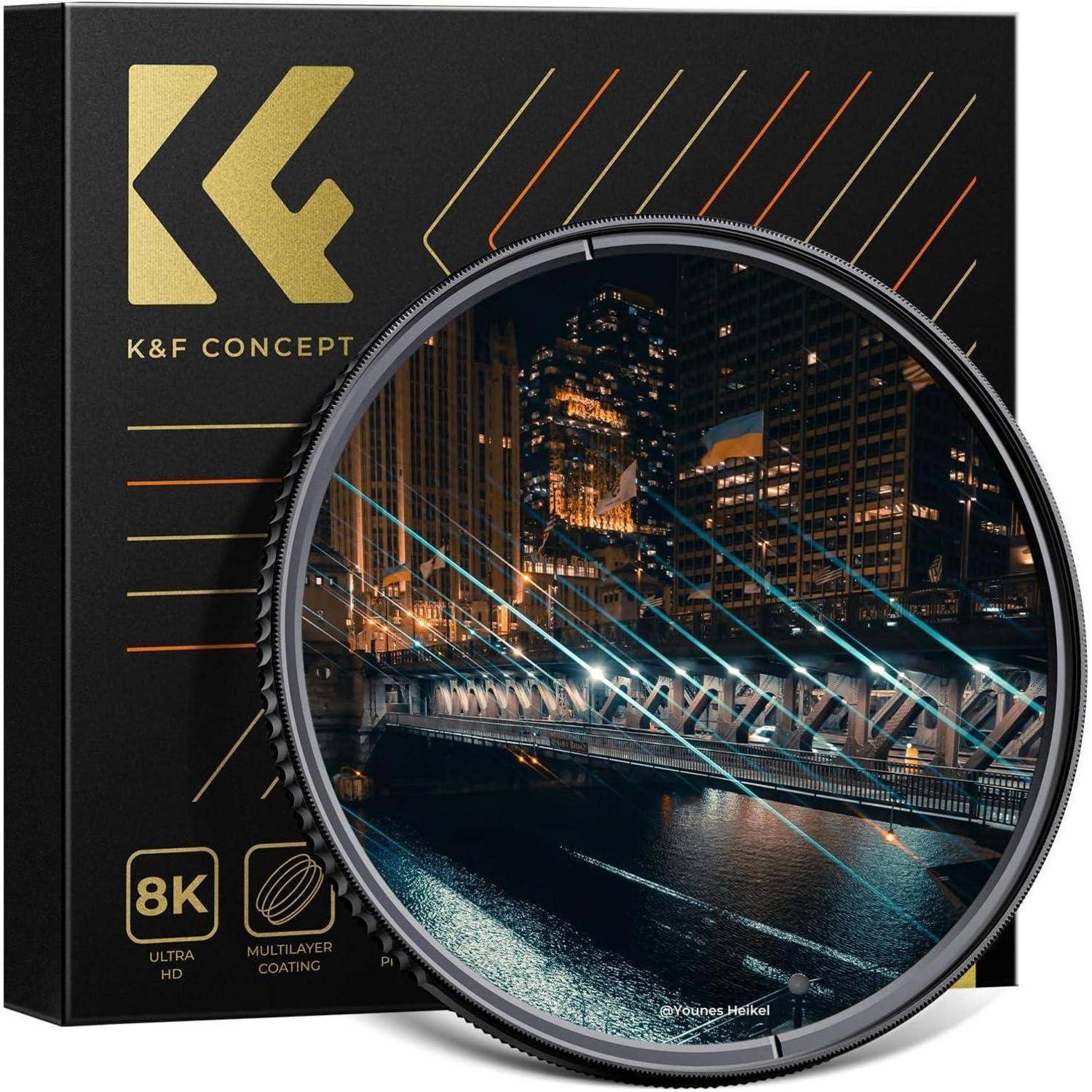 Ein K&F Concept 8K Ultra HD Kamerafilter mit einer Stadtlandschaft, die hindurchscheint und seine Nachtfotografie-Fähigkeiten hervorhebt.
