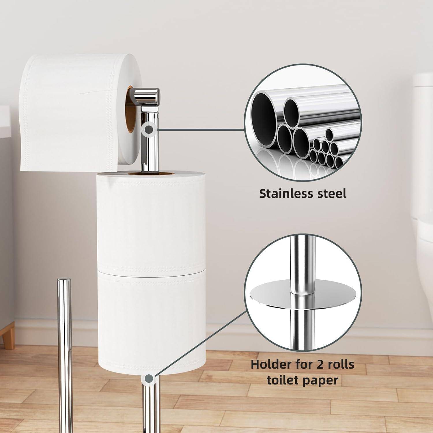 Ein Toilettenpapierhalter aus Edelstahl mit Platz für zwei Rollen ist abgebildet. Eingesetzte Bilder heben das Stahlmaterial und das Dual-Rollen-Feature hervor.