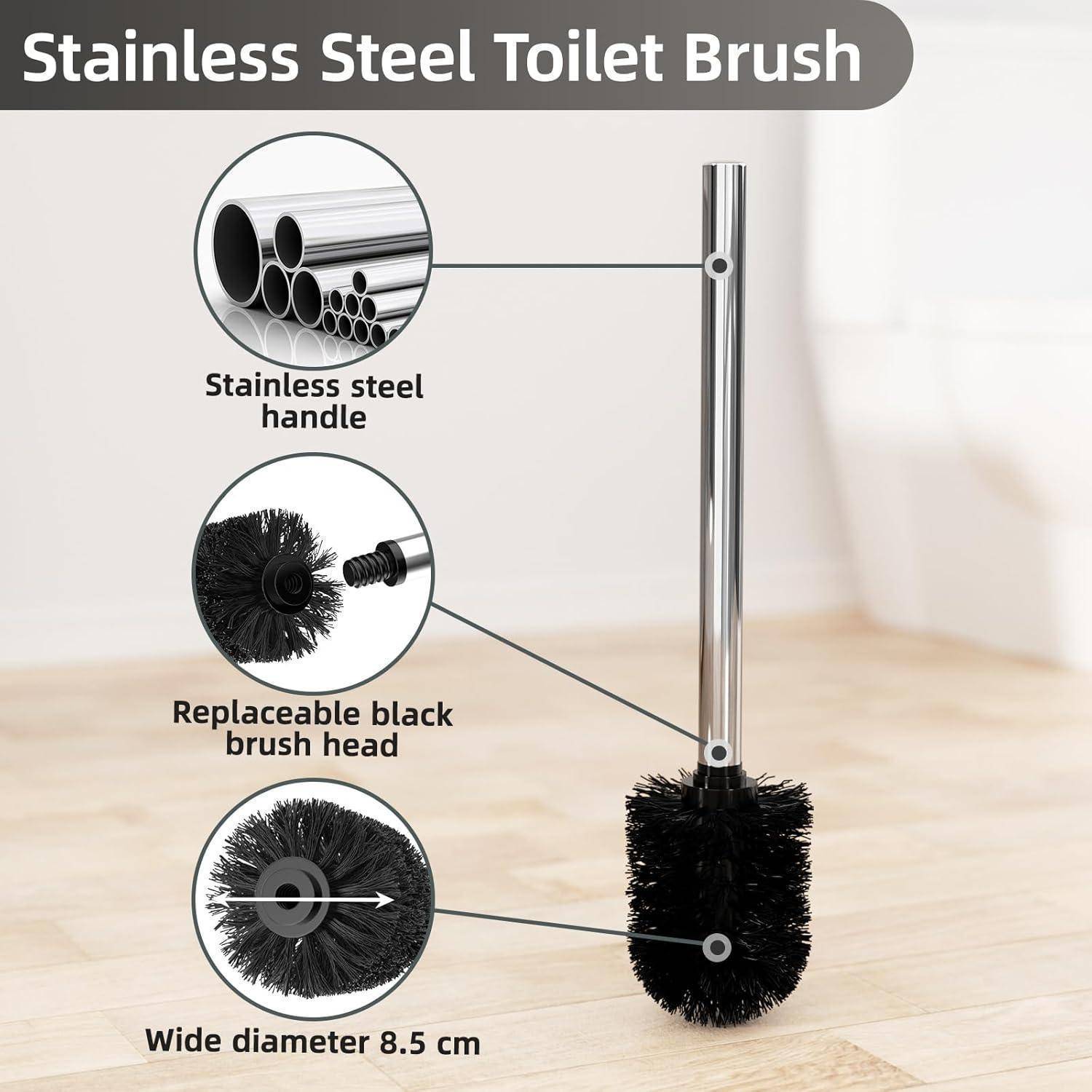 Edelstahl-Toilettenbürste mit hervorgehobenen Merkmalen: Edelstahlgriff, auswechselbare schwarze Bürste, Durchmesser von 8,5 cm.