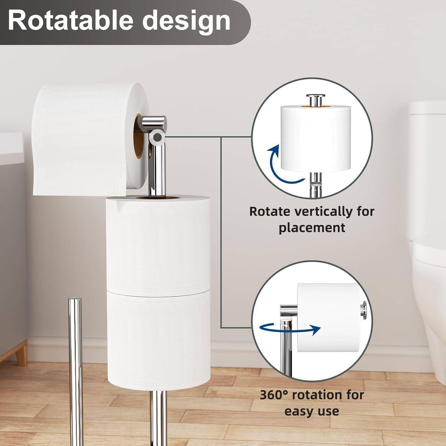 Drehbarer Halter für Toilettenpapier mit vertikaler Positionierung und 360-Grad-Rotation für einfache Handhabung in einem minimalistischen Badezimmer-Ambiente.