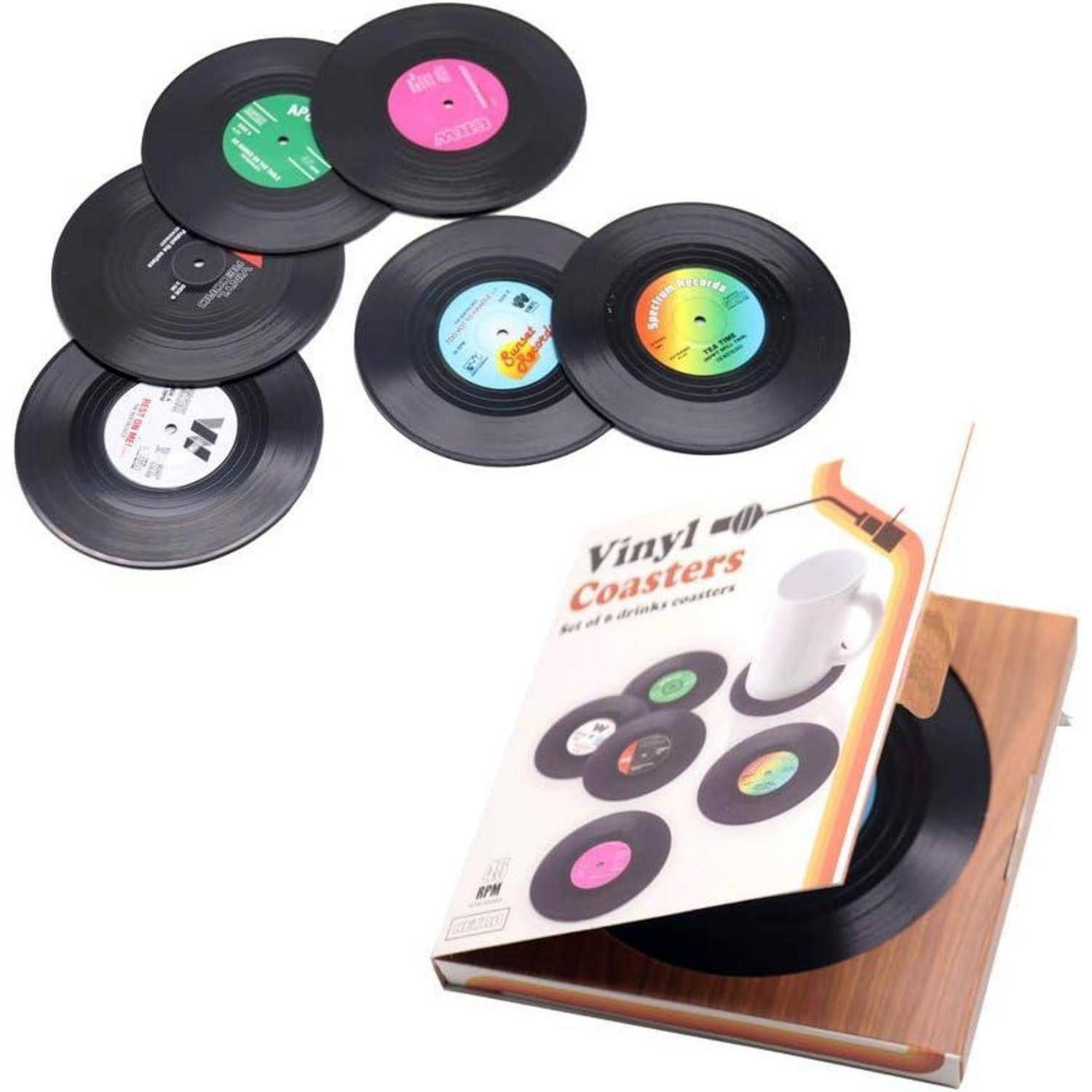 Untersetzer-Set aus Vinyl mit sechs schallplattenförmigen Untersetzern, präsentiert mit Verpackung.