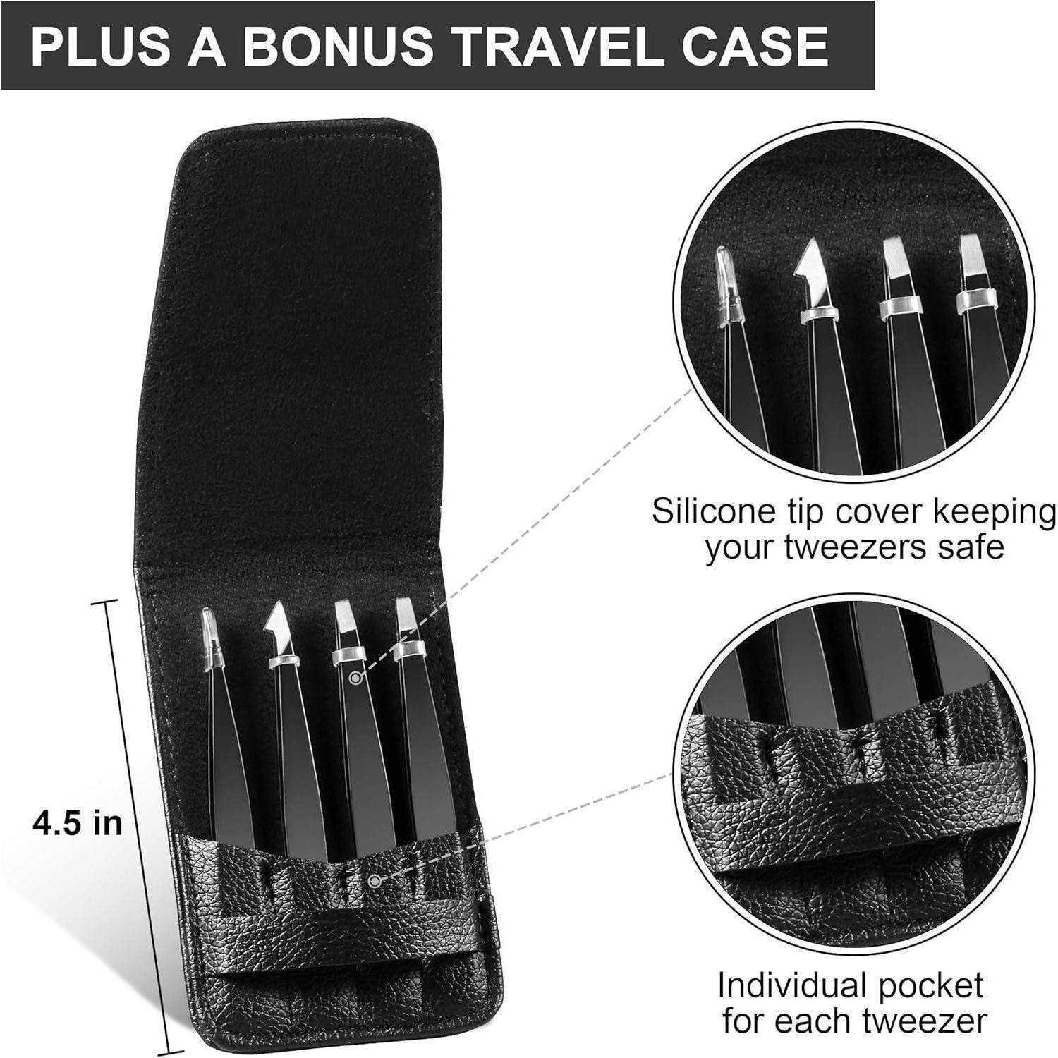 4x Pinzette Set Edelstahl Augenbrauenpinzette Schere Spitze Schwarz