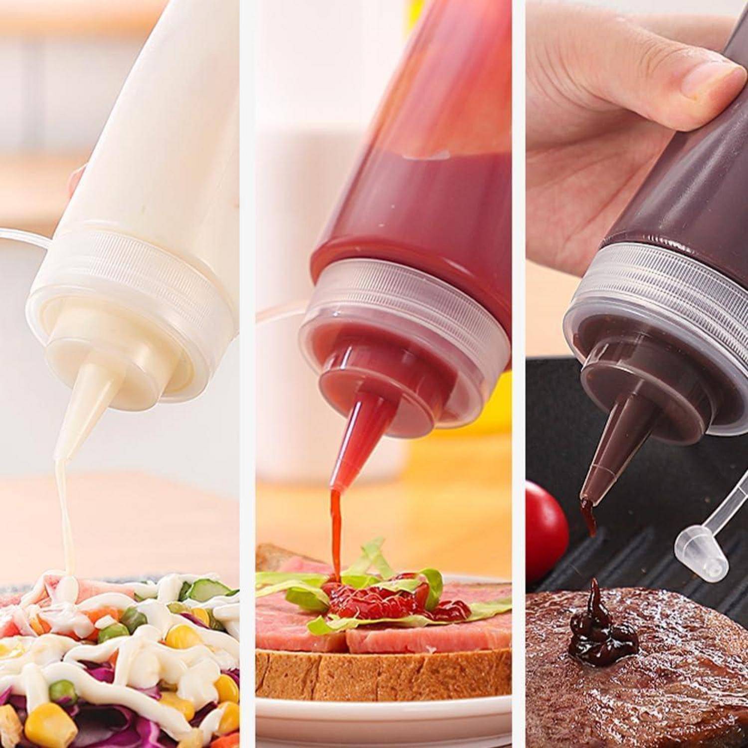 Drei Quetschflaschen, die weiße, rote und braune Saucen auf Salate, Toast und Steak auftragen und dabei die Vielseitigkeit von Condiments demonstrieren.