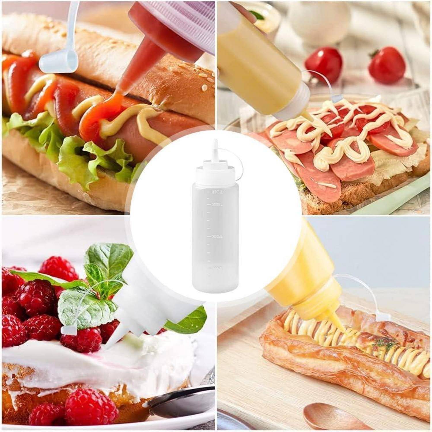 Vier Speisen werden mit Saucen aus Quetschflaschen garniert: Hot Dog mit roter Sauce, Sandwich mit Mayonnaise, Dessert mit Schlagsahne und Brot mit gelber Sauce.