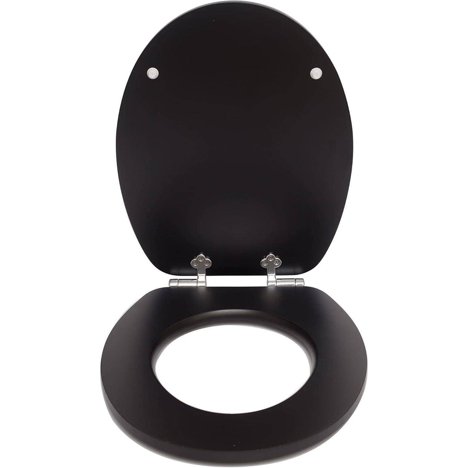 Schwarzer Toilettensitz mit abgerundeter Form und offenem Deckel, von oben betrachtet.