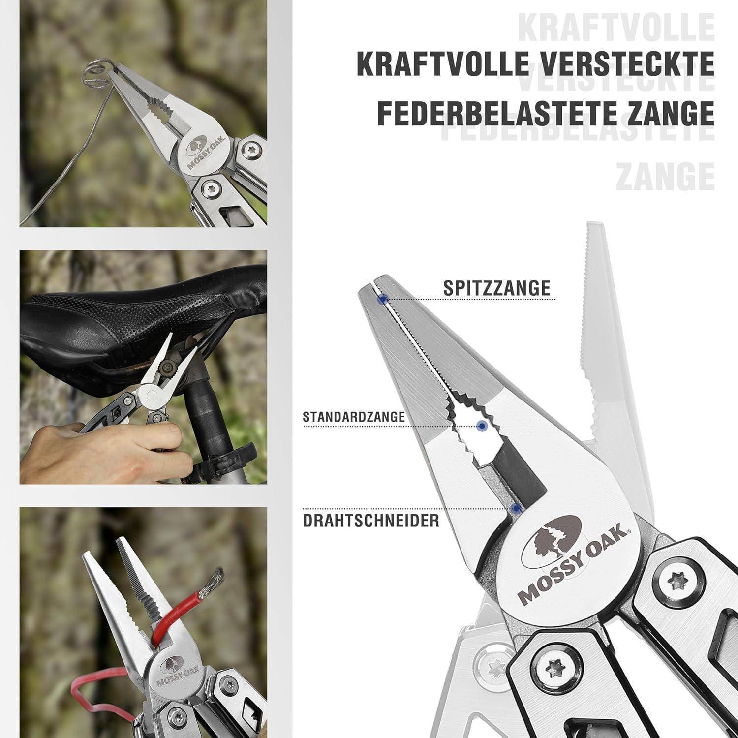 Multitool mit Zangen und Drahtschneider in Gebrauch. Text auf Deutsch hebt Funktionen hervor: kraftvolle federnde Zangen, Drahtschneider und Spitzzangen.