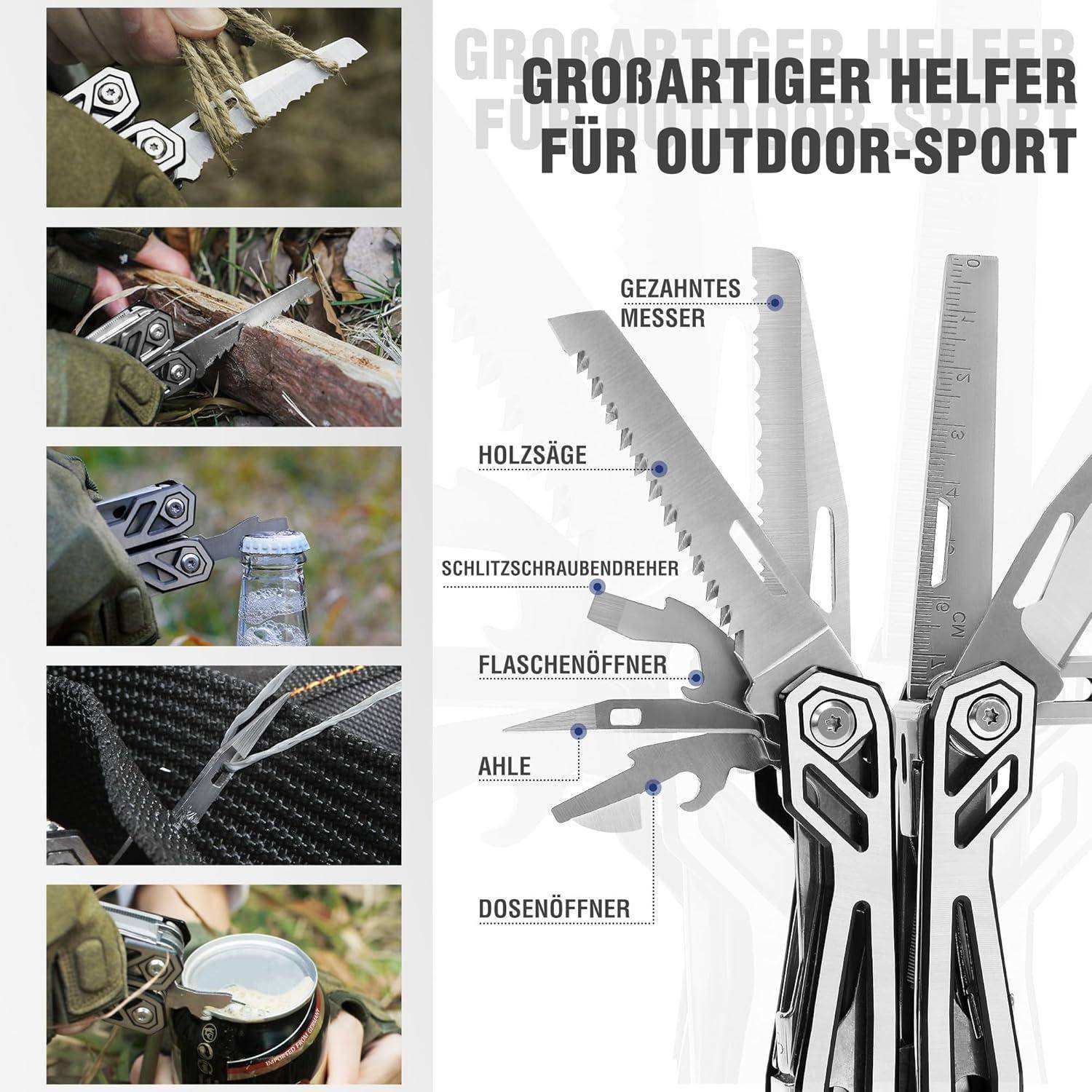 Multitool-Bild mit verschiedenen Anschlüssen: Holzsäge, Flaschenöffner, Dosenlöffner und anderen Utensilien für den Outdooreinsatz.