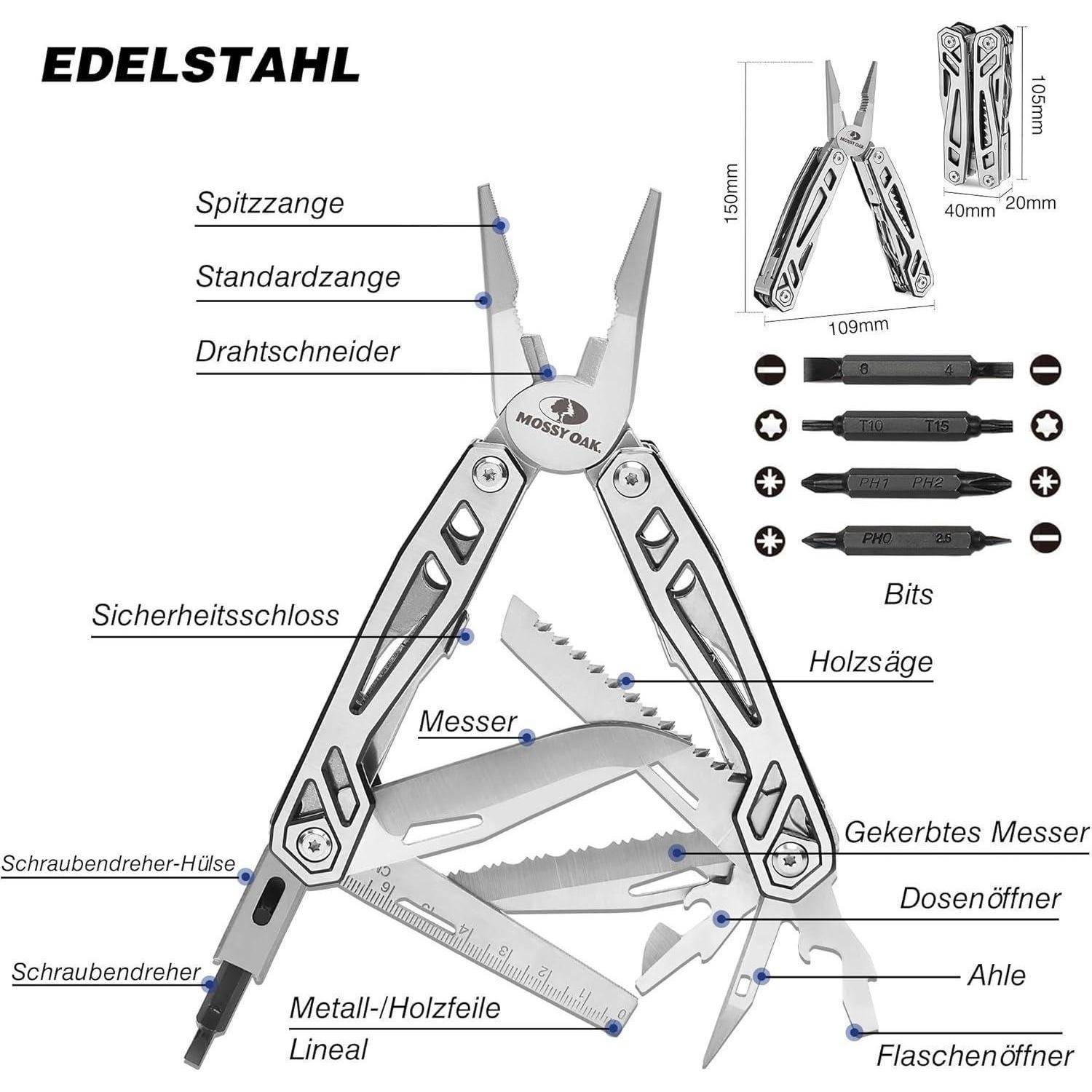 Multifunktionales Werkzeug mit Zange, Messer, Säge, Schraubenziehern und anderen Aufsätzen. Aus Edelstahl gefertigt.