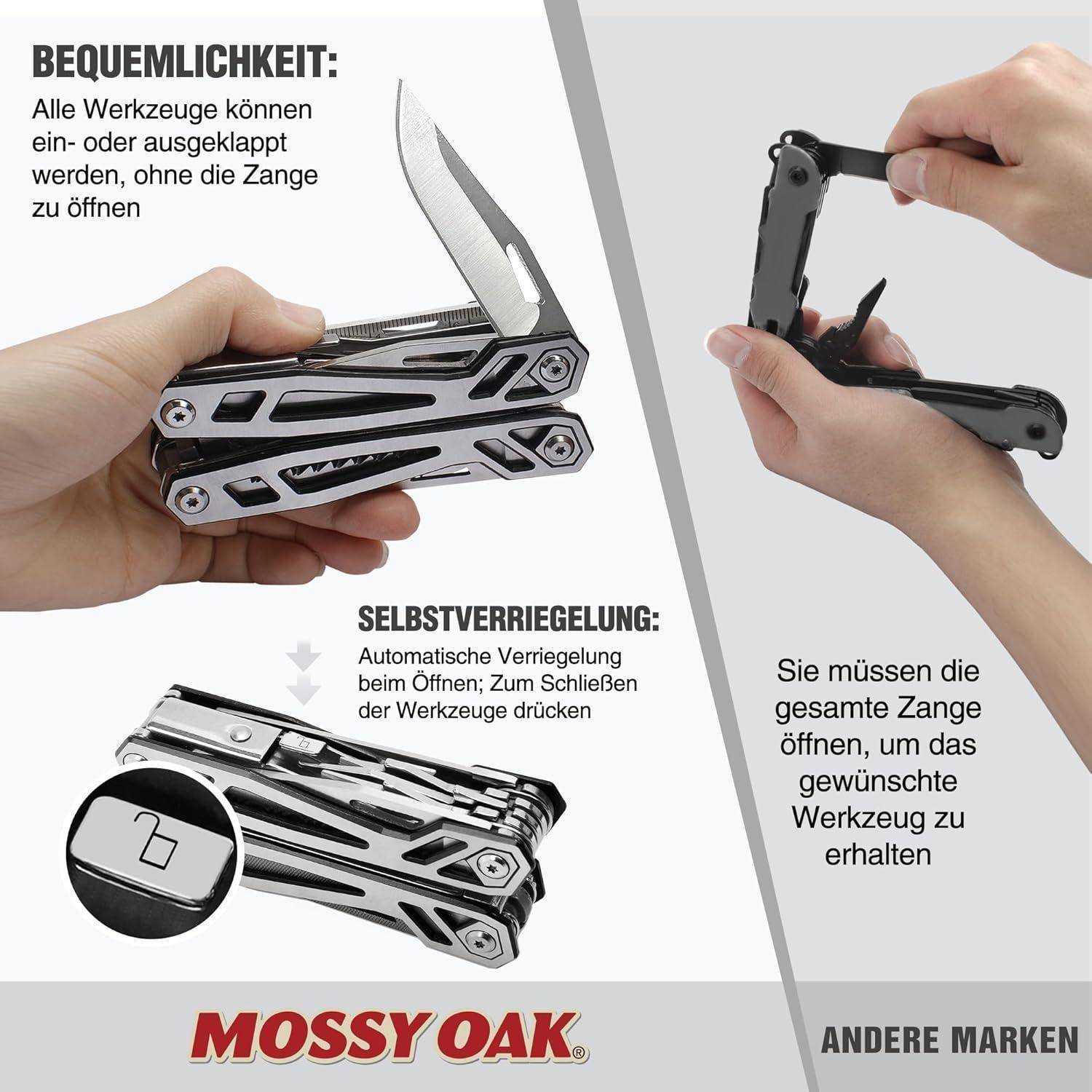 Ein Multitool mit geöffneten Zangen wird gezeigt, wobei der Text die einfache Öffnungsmechanik, die Sicherheitsverriegelung und die Benutzerfreundlichkeit hervorhebt.