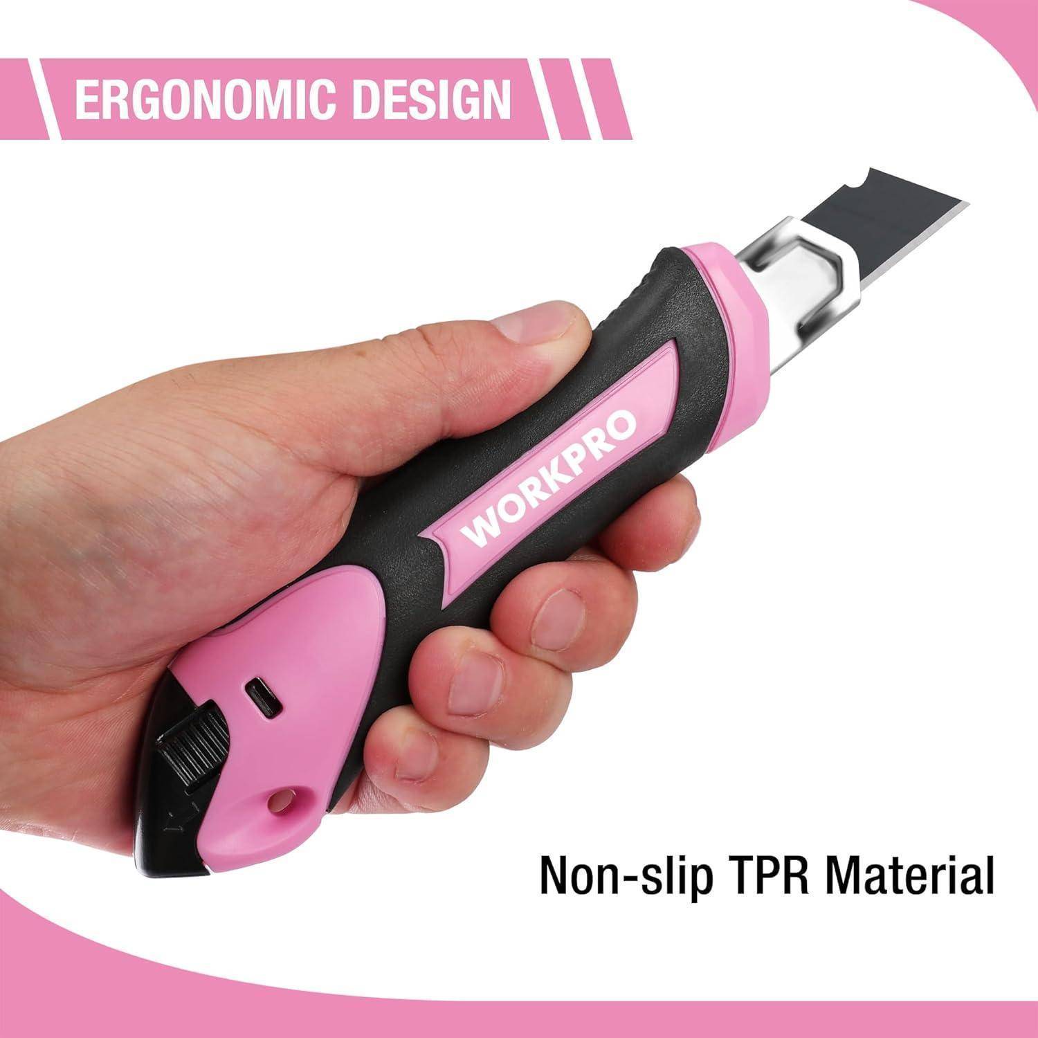 Hand hält ein rosa und schwarzes Utility-Messer mit dem Aufdruck 'WORKPRO'. Text: 'Ergonomisches Design' und 'Rutschfestes TPR-Material'.