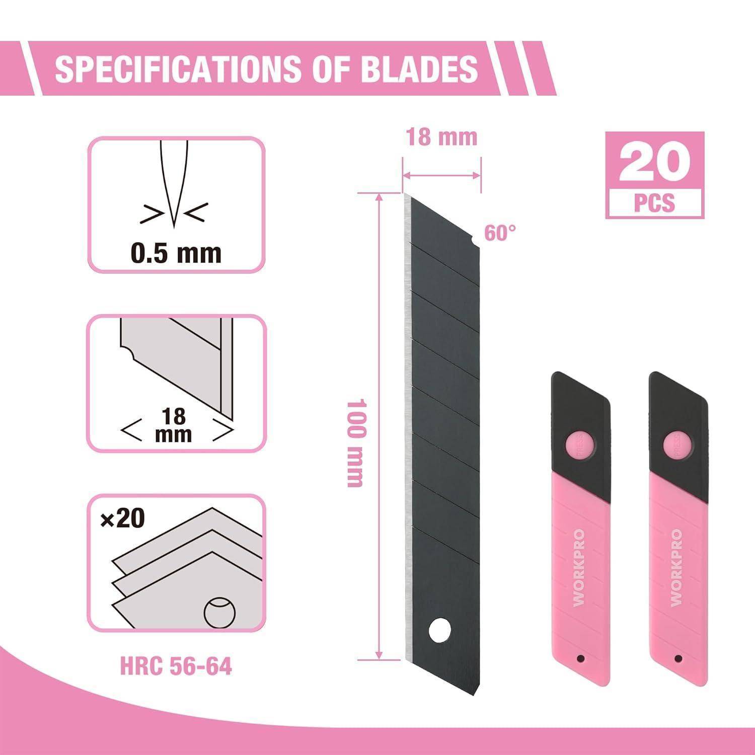 Spezifikationen der Klingen: Zeigt eine 100 mm lange Klinge mit 0,5 mm Dicke und 18 mm Breite. Enthält 20 Stück, Härte HRC 56-64.