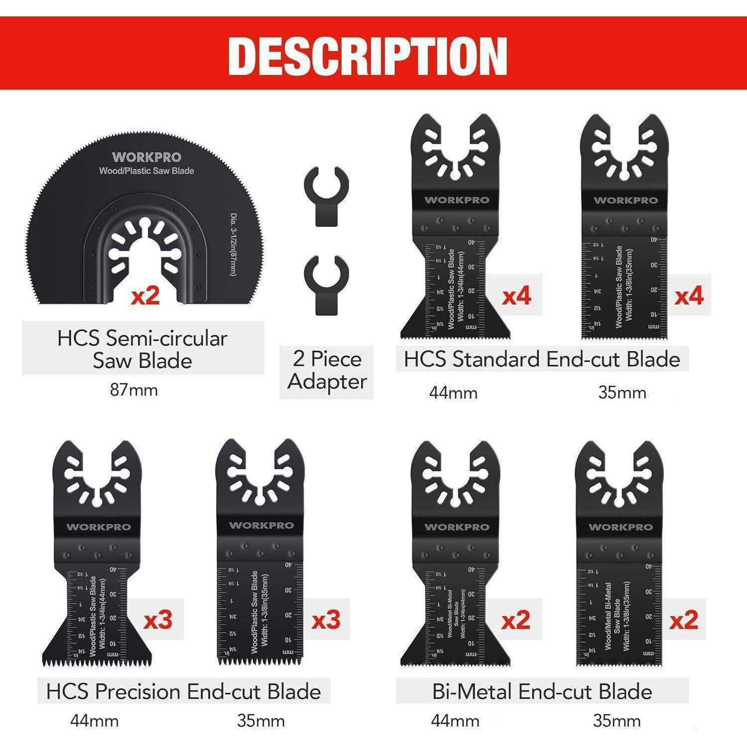 Das Bild zeigt eine Reihe von WORKPRO Sägeblättern und Zubehör. Enthält: HCS Halbkreisblatt (87mm), Adapter, HCS Standard (44mm), HCS Präzision (44mm) und Bi-Metall Endschnittblätter (35mm).