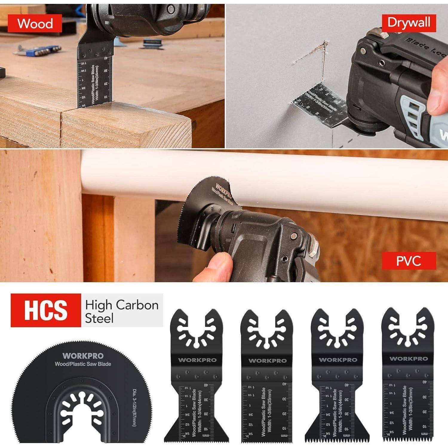 Sägeblätter zum Schneiden verschiedener Materialien: Holz, Gipskarton und PVC. Umfasst verschiedene Sägeblattypen mit 'HCS' und 'Hochkohlenstoffstahl' gekennzeichnet.