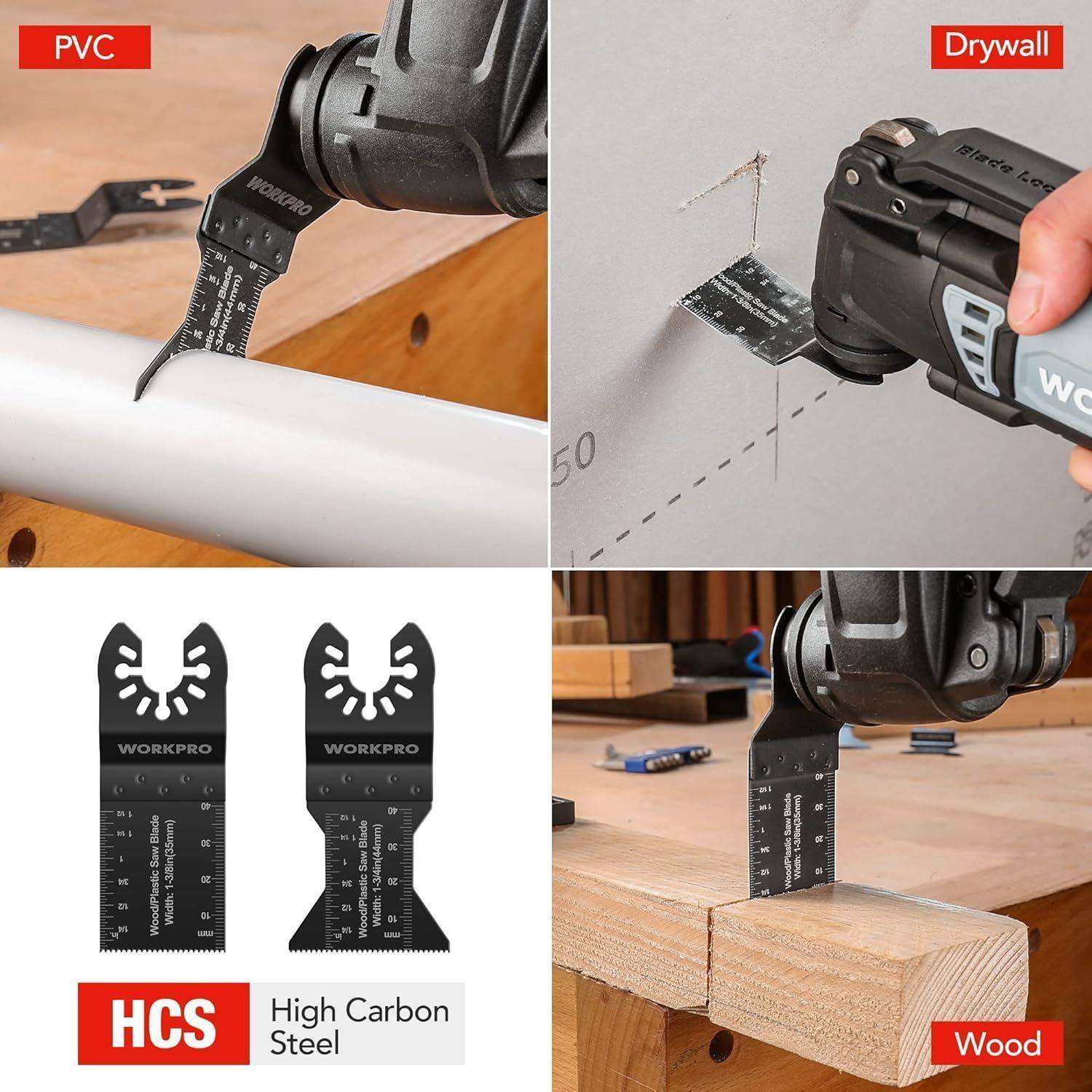 Multitool schneidet durch PVC, Trockenbau und Holz. Enthält Bilder von HCS-Stahlklingen, die für das Schneiden von PVC und Holz gekennzeichnet sind.