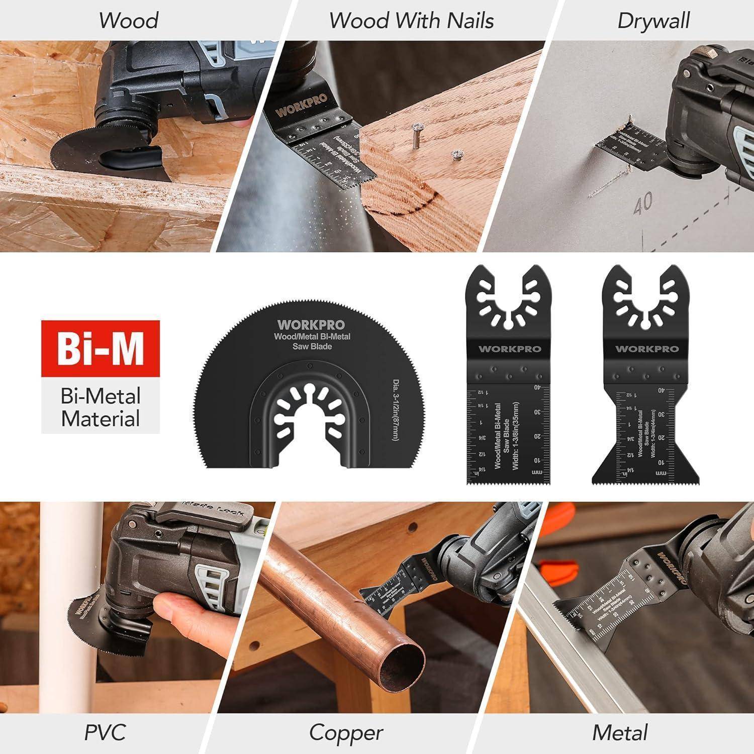 Bild, das verschiedene Sägeblätter beim Schneiden von Materialien zeigt: Holz, Holz mit Nägeln, Gipskarton, PVC, Kupfer und Metall. 'Bi-Metall-Material' hervorgehoben.