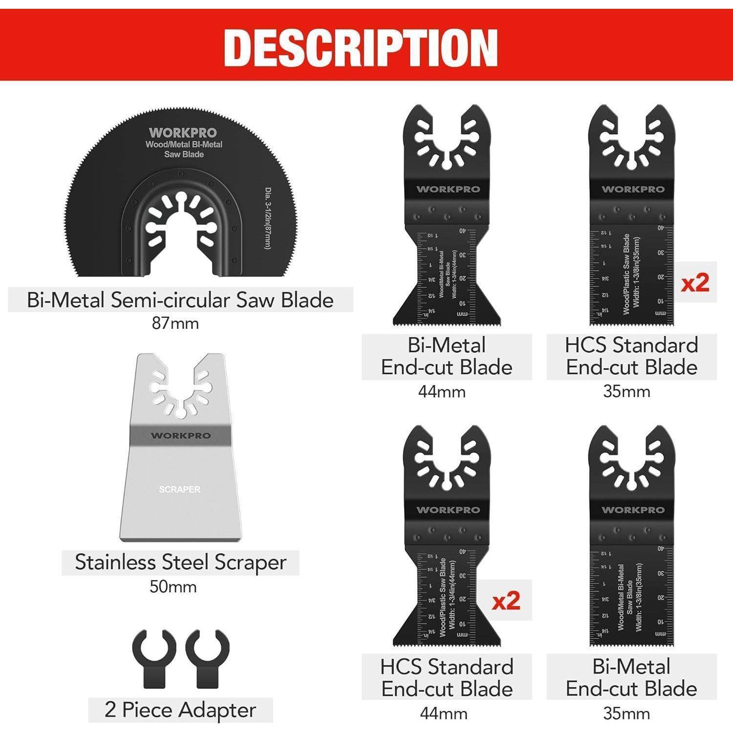 WORKPRO Schneidwerkzeugsatz mit Sägeblatt, Stahlschaber und Endschnittmessern. Enthält Zwei-Stück-Adapter und Extras gekennzeichnet mit ‚x2'.