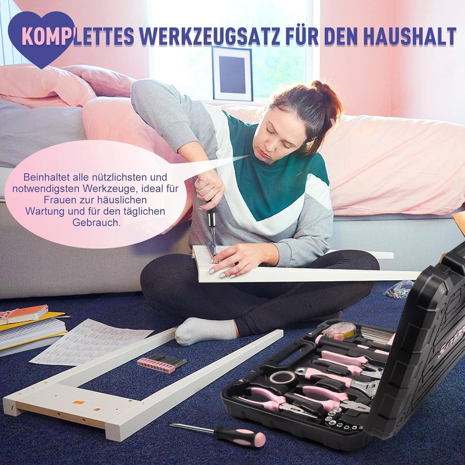 Eine Frau montiert Möbel mit einem Haushalts-Werkzeugset. Text lautet 'Komplettes Werkzeugsatz für den Haushalt'. Ein Werkzeugkoffer ist daneben geöffnet.