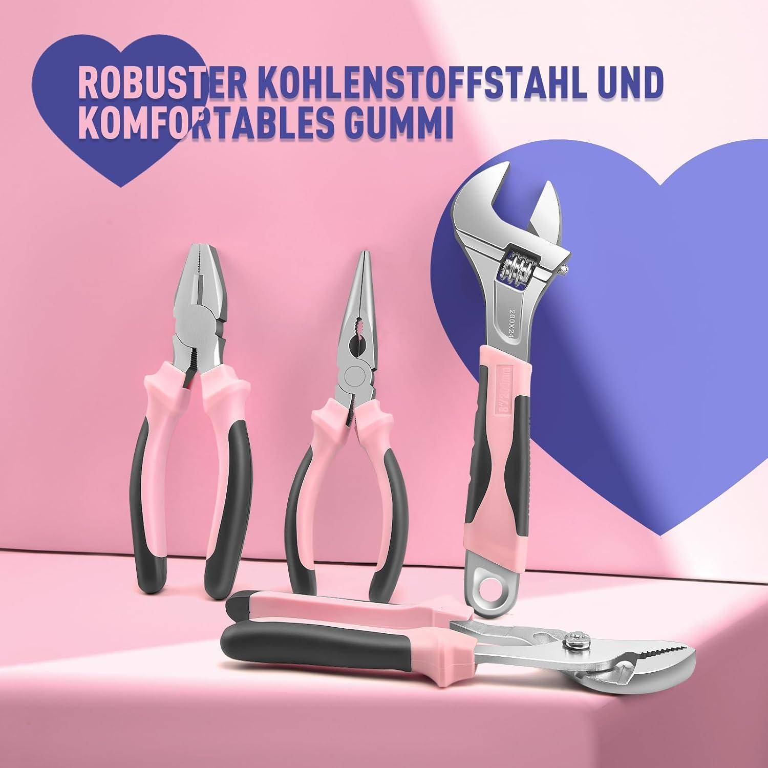 Ein Satz rosa und schwarzer Handwerkzeuge, einschließlich Zangen und einem verstellbaren Schraubenschlüssel, mit einem Hintergrundtext, der 