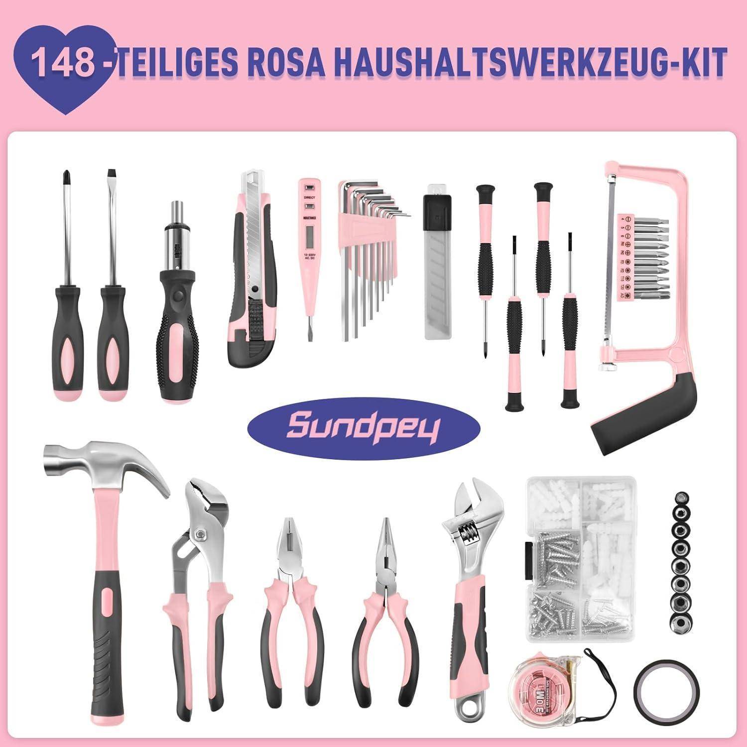 148-teiliges rosa Haushaltswerkzeug-Set, das verschiedene Werkzeuge wie Schraubendreher, Zangen, Schraubenschlüssel und einen Hammer in Rosa umfasst.