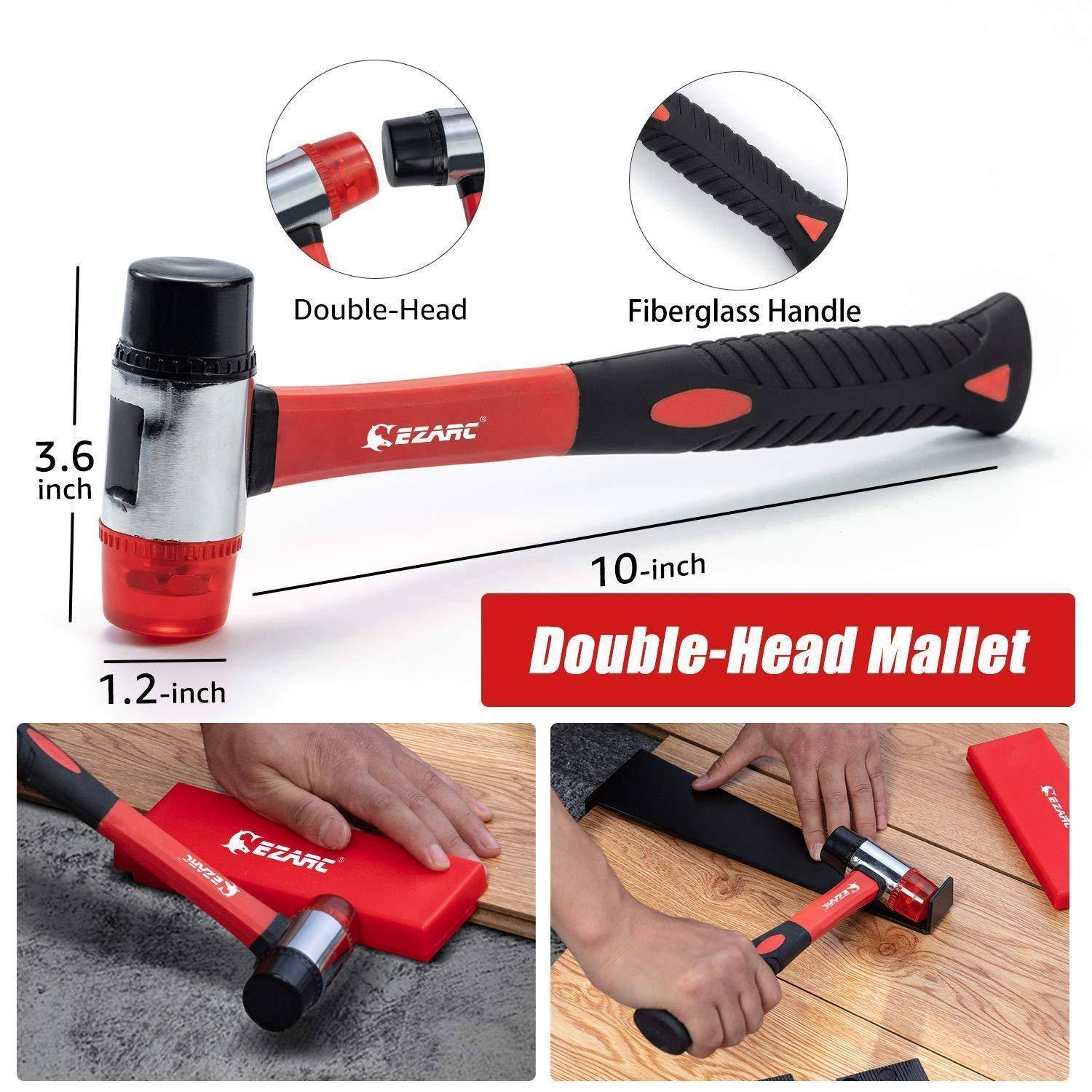 Doppelkopf-Hammer mit einem 10-Zoll roten Fiberglasstiel, doppeltem Kopf mit 3,6 Zoll. Bilder zeigen den Hammer bei Verwendung bei einem Bodenbelagsprojekt.