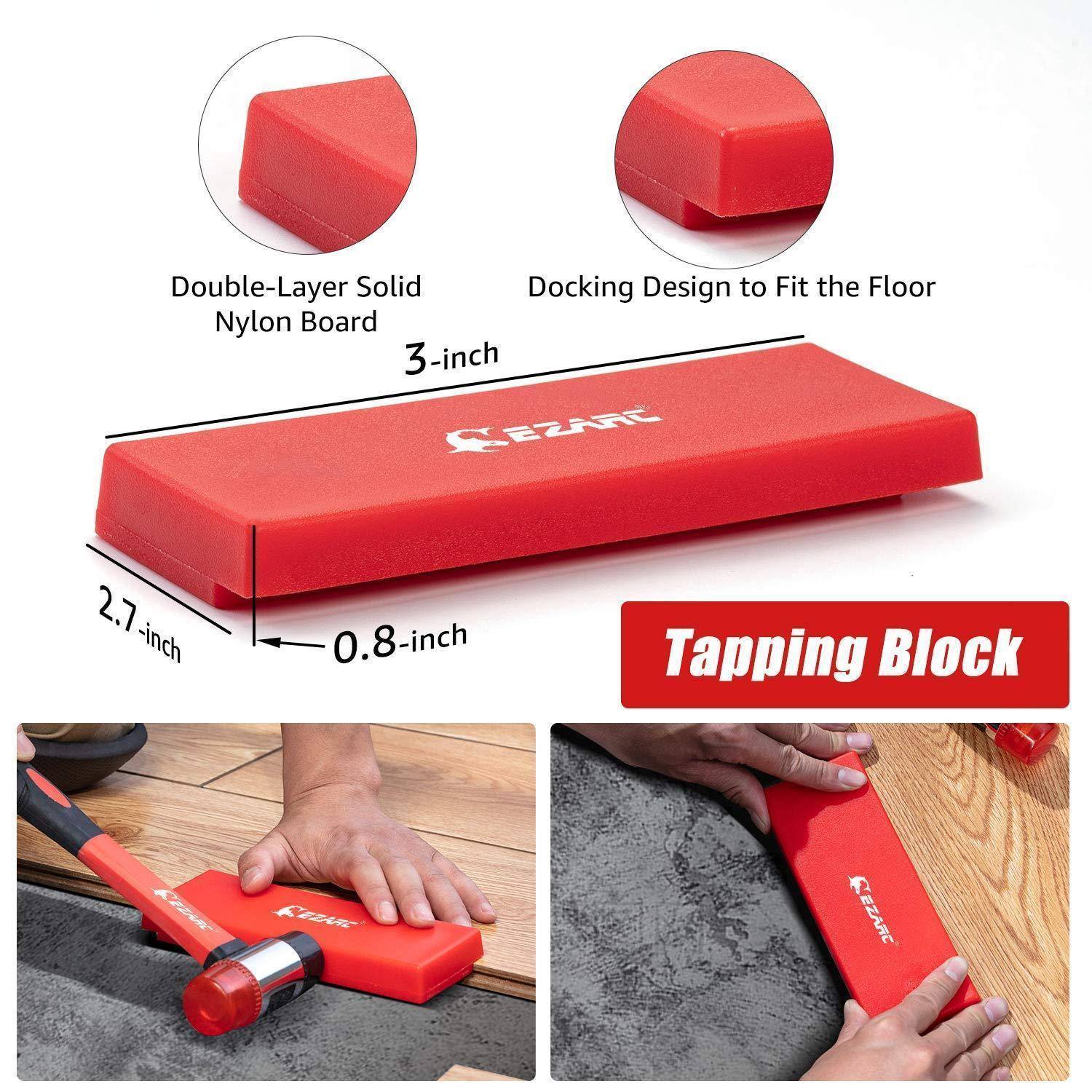 Tapping Block' in fetter roter Schrift. Rotes Nylonbrett mit Abmessungen: 3 Zoll breit, 2,7 Zoll lang, 0,8 Zoll hoch. Verwendet zum Verlegen von Bodenbelägen.