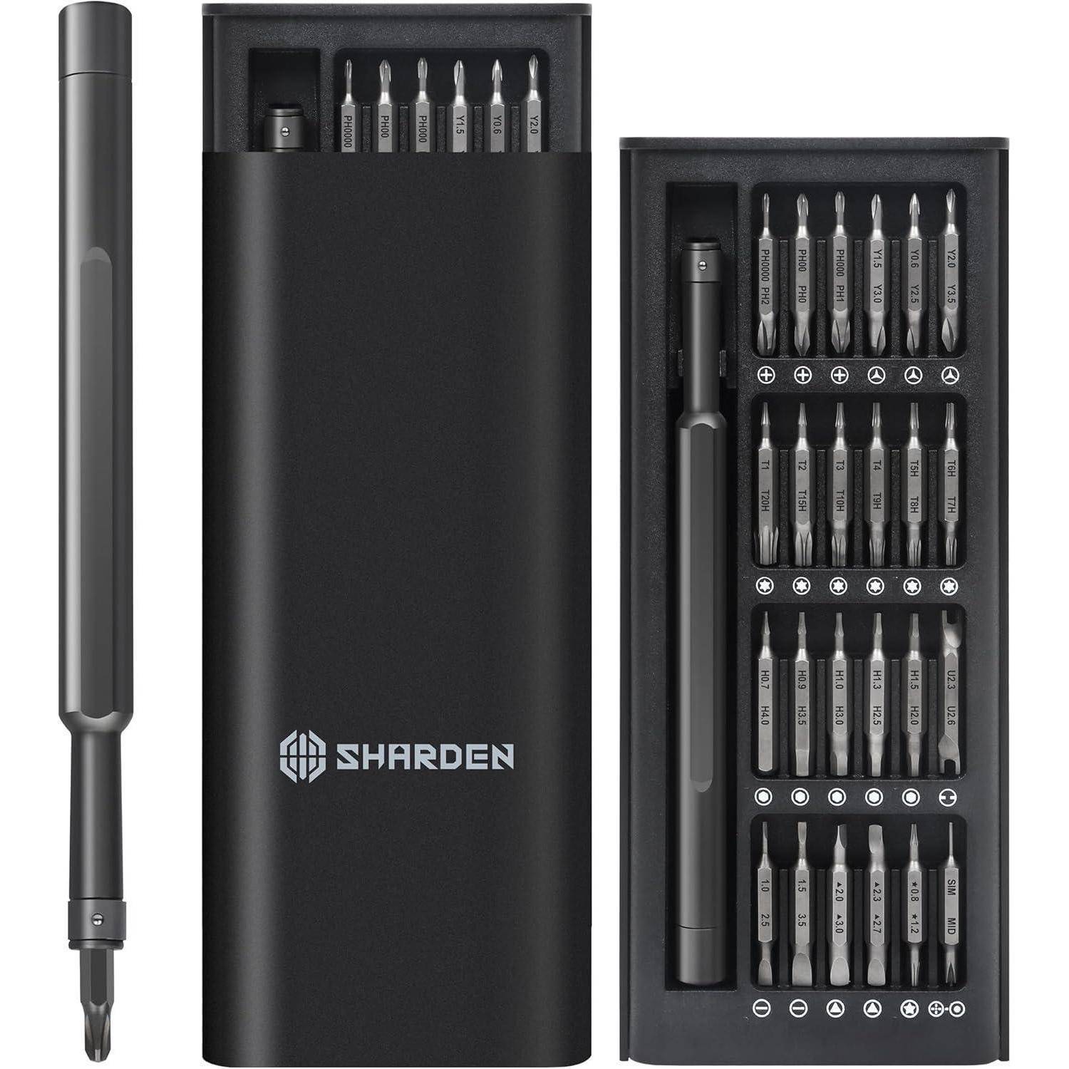 Schmales schwarzes Schraubendreher-Set mit verschiedenen Präzisionseinsätzen; Markenname SHARDEN auf dem Etui.