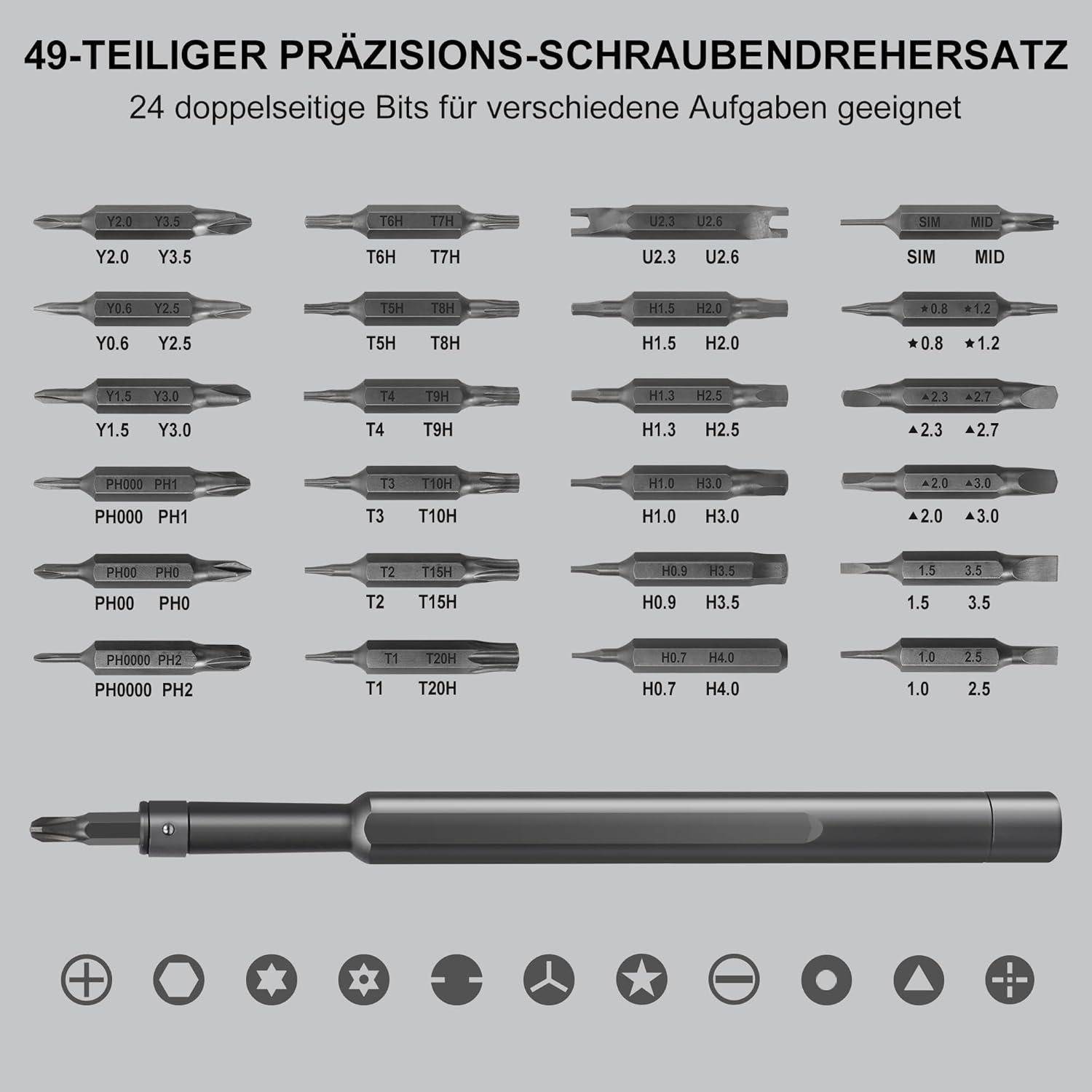 49-teiliges Präzisions-Schraubendrehersatz mit verschiedenen doppelseitigen Bits und dem Griff, geeignet für unterschiedliche Aufgaben.