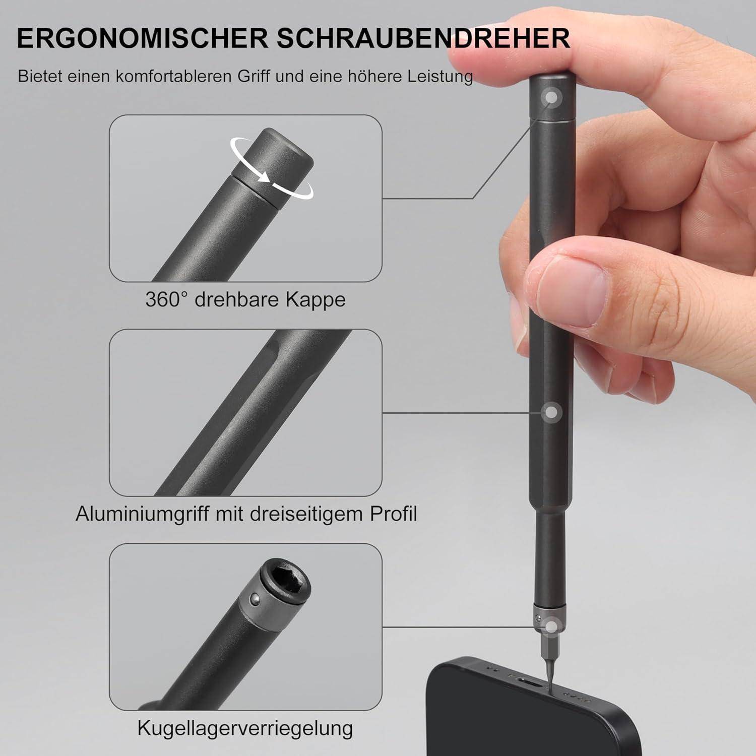 Ergonomischer Schraubendreher mit 360° drehbarem Kopf, Aluminium-Dreikantgriff und Kugellager-Arretierung, in der Hand gehalten
