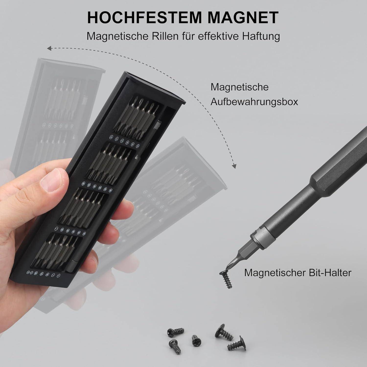Magnetische Aufbewahrungsbox mit Bohrer-Bits und Schrauben zeigt, wie ein Bit-Halter Schrauben aufnimmt, mit beschrifteten Elementen.