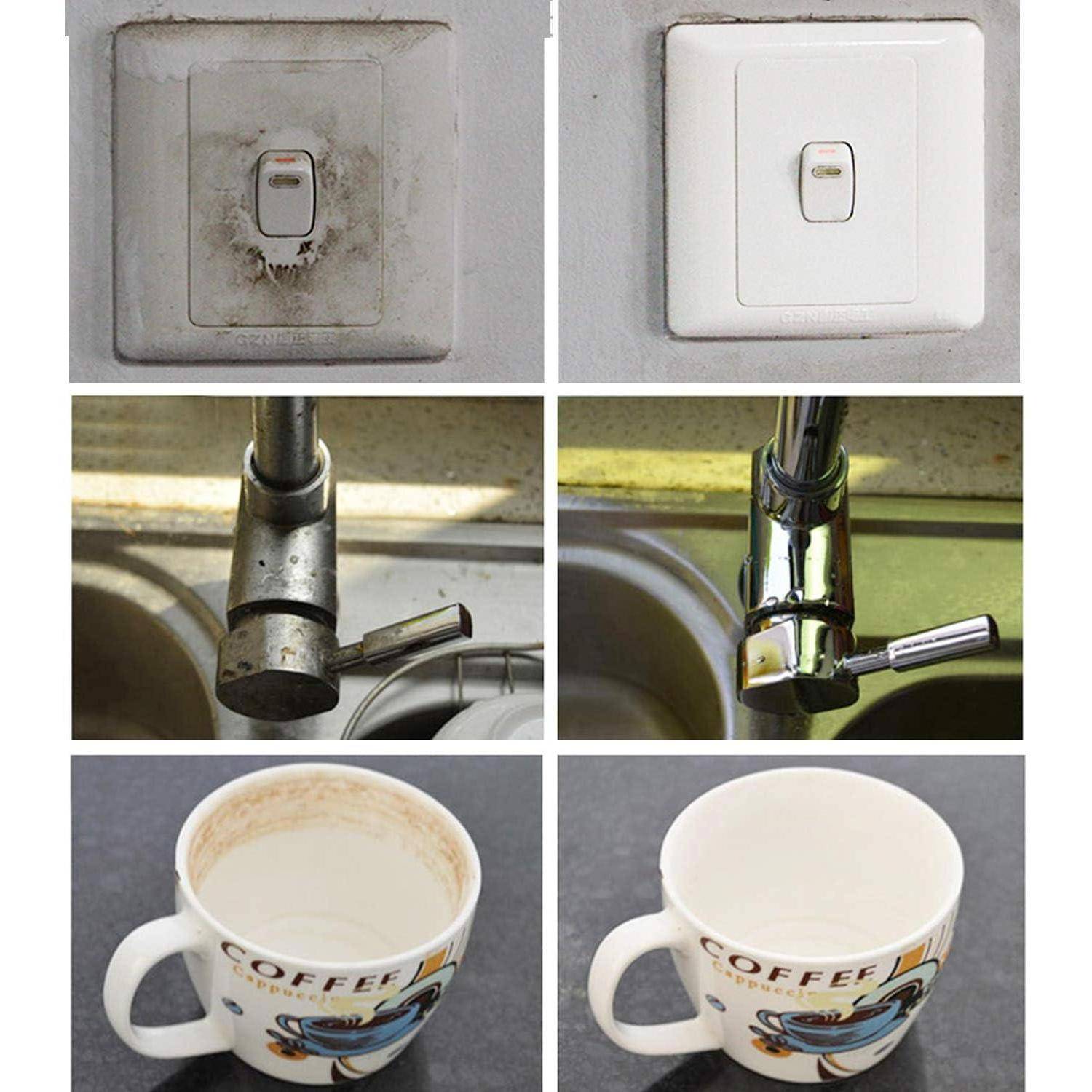 Zwei nebeneinander liegende Bildersätze zeigen Szenarien vor und nach der Reinigung: ein verschmierter Lichtschalter und ein verschmutzter Wasserhahn sowie eine schmutzige Tasse links, im Vergleich zu einem sauberen Schalter, einem glänzenden Wasserhahn und einer hellen Tasse rechts.