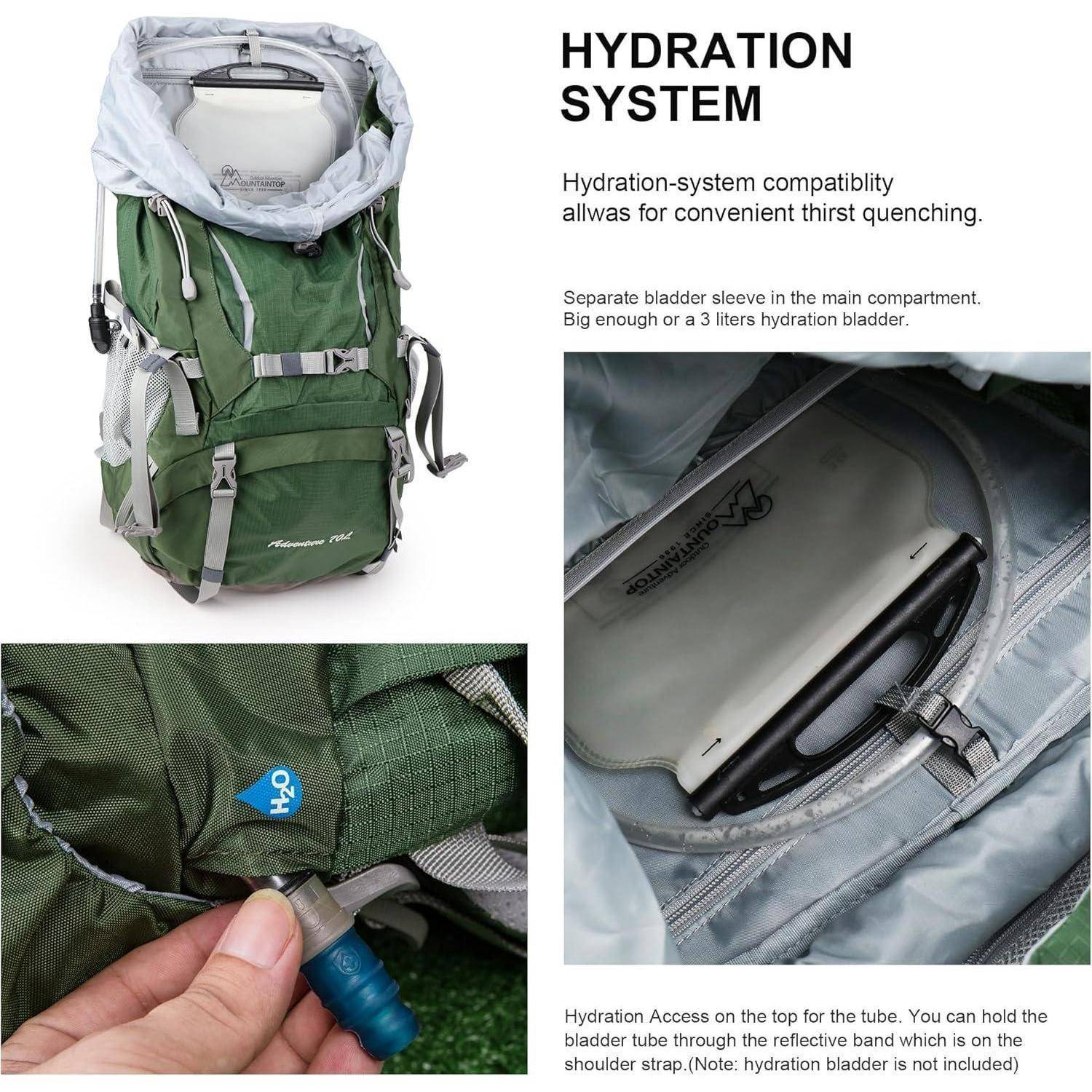 Ein grüner Rucksack, der sein Hydrationssystem mit einer Trinkreservoirs-Tasche im Hauptfach und Schlauchzugang zum einfachen Wassertrinken hervorhebt.