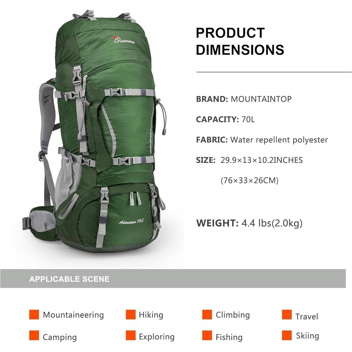 Grüner Rucksack mit mehreren Fächern und Riemen, beschriftet als 'MOUNTaintop 70L'. Produktabmessungen: 29,9x13x10,2 Zoll. Geeignet für Wandern, Klettern, Camping und andere Outdoor-Aktivitäten.