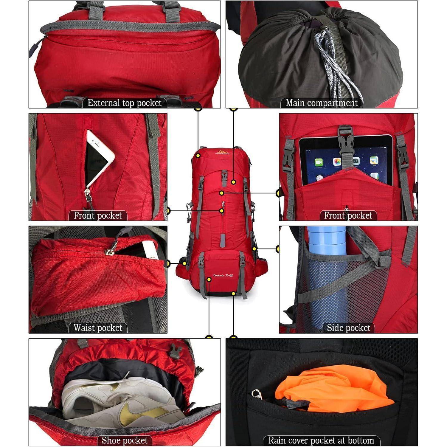 Bild zeigt einen roten Wanderrucksack mit mehreren Fächern: Oberes Fach, Frontfach, Seitentasche mit Wasserflasche, Gürteltasche, und Schuhfach. Enthält einen Bereich für ein Tablet und eine Tasche für eine Regenhülle.