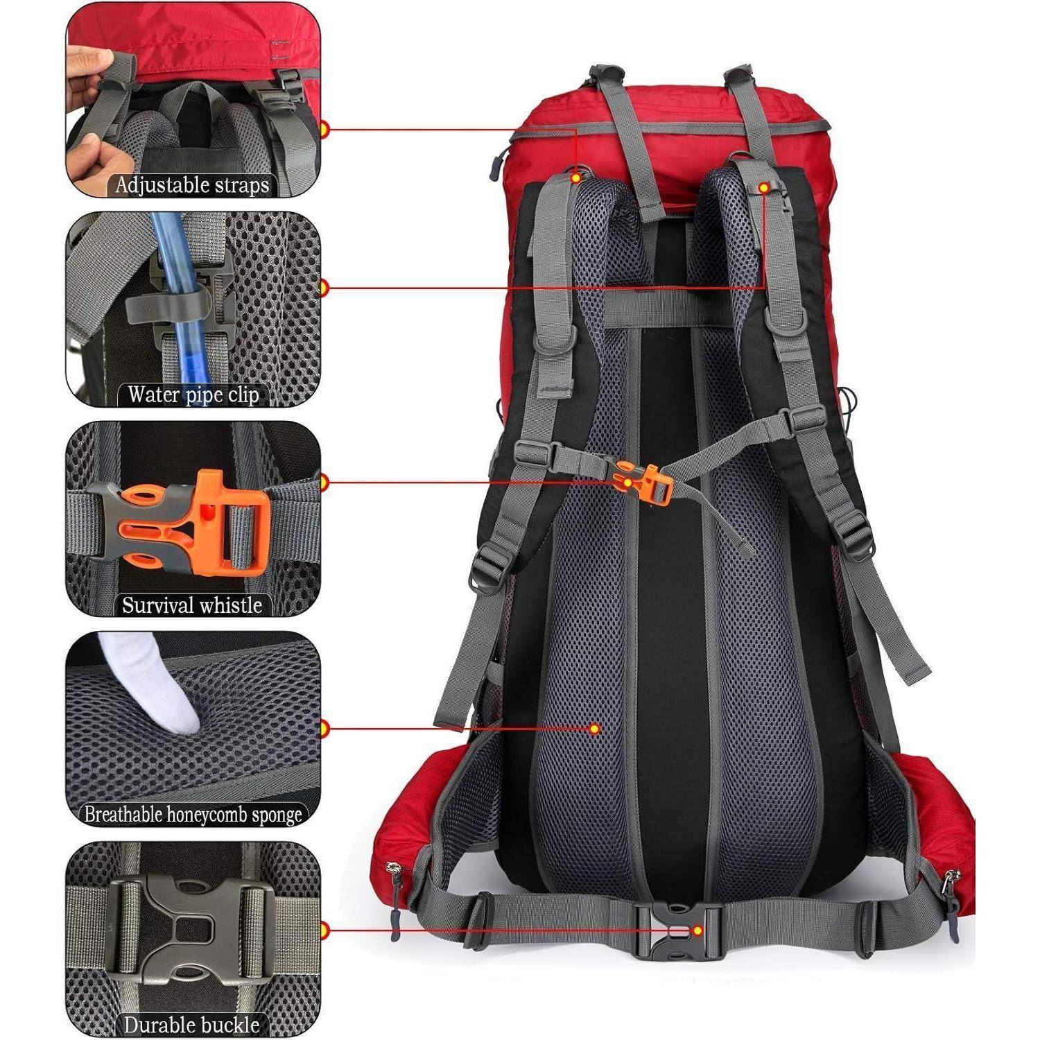 Ein roter Wanderrucksack mit verstellbaren Trägern, atmungsaktivem Mesh-Gewebe, einer Überlebens-Trillerpfeife, einer Wasserschlauchhalterung und robusten Schnallen, von hinten abgebildet.