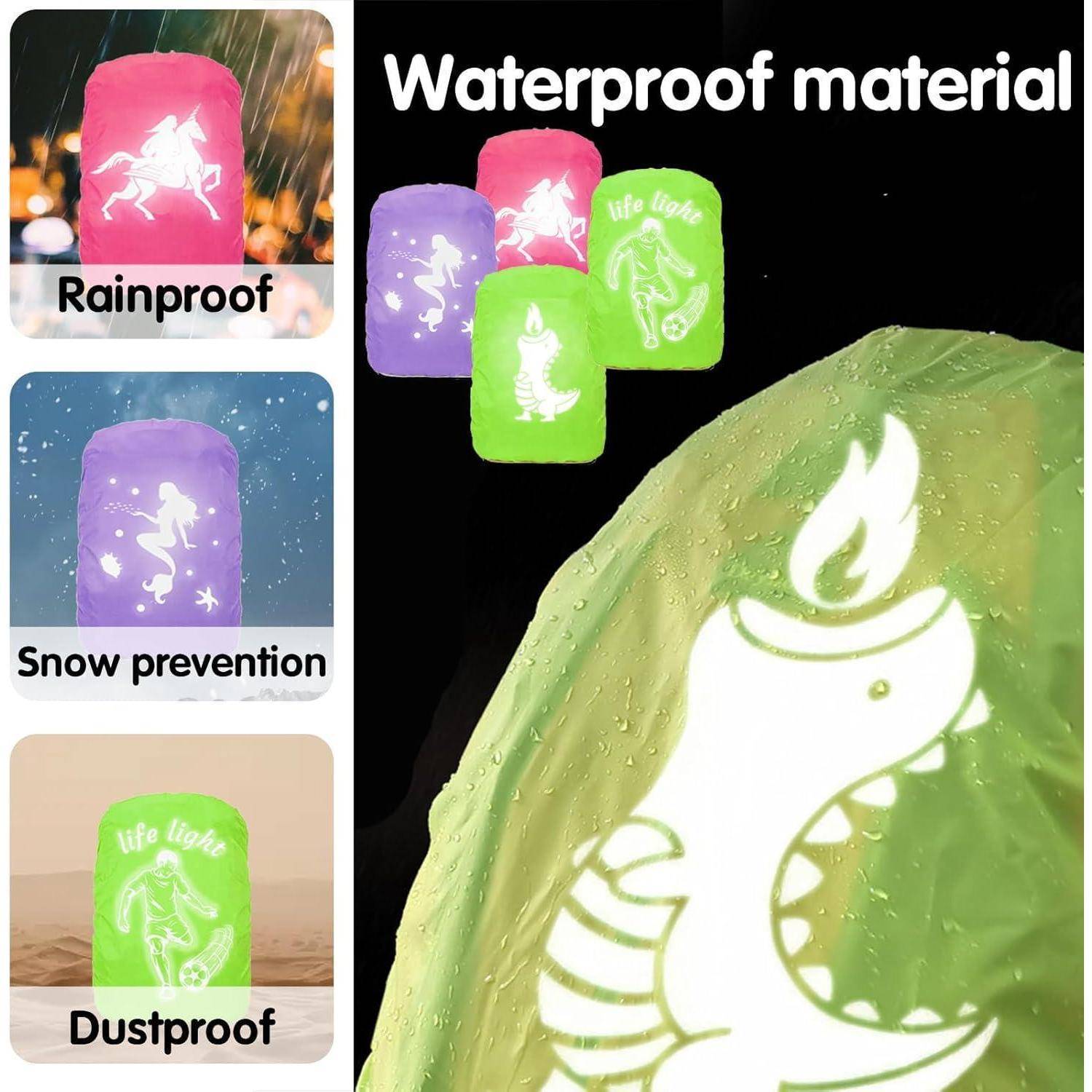 Wasserdichte Rucksäcke mit Dinosaurier-Motiven in rosa, lila und grünen Farben, die Merkmale hervorheben: regenfest, schneesicher, staubdicht.