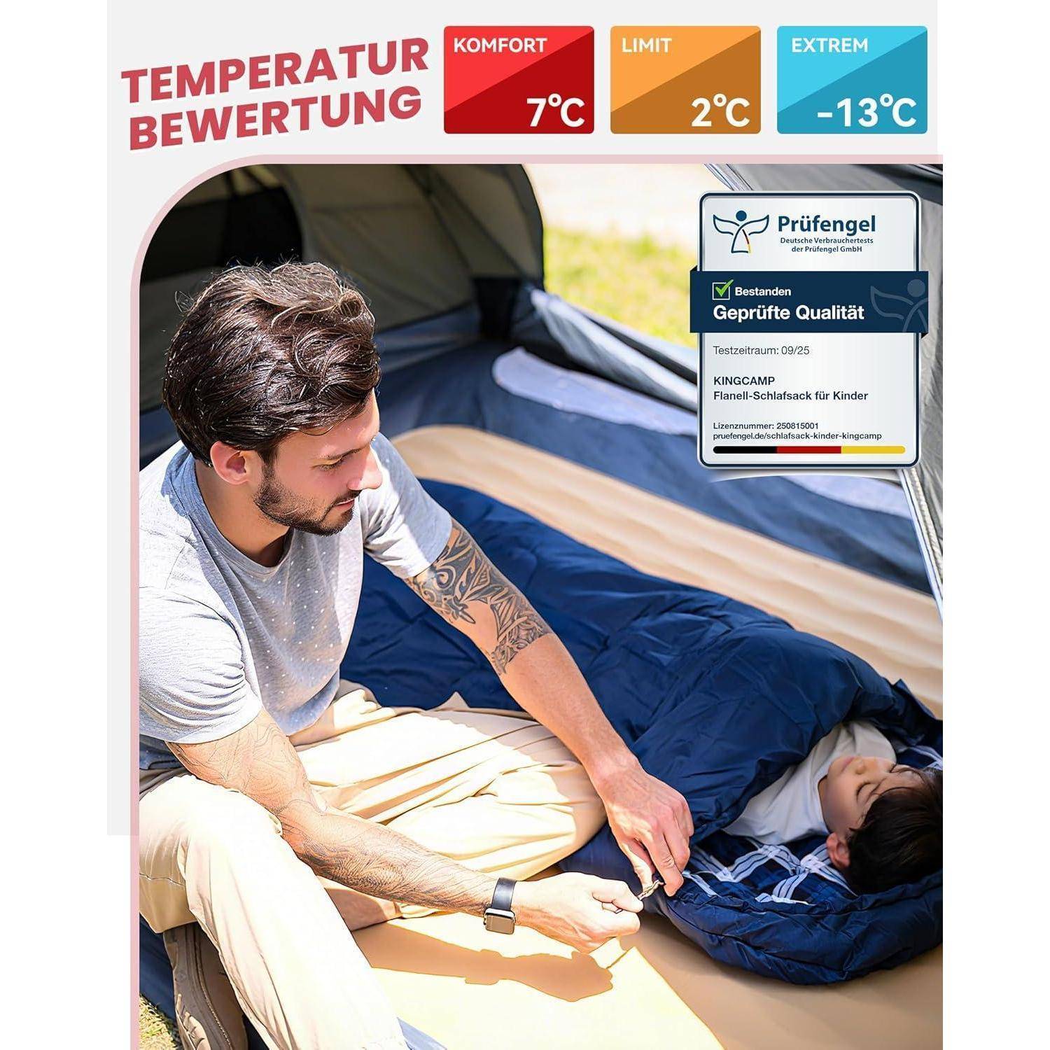 Ein Mann richtet einen Schlafsack für ein Kind im Inneren eines Zeltes ein. 'Temperatur Bewertung': Komfort 7°C, Limit 2°C, Extrem -13°C. Sicherheitsetikett ist sichtbar.