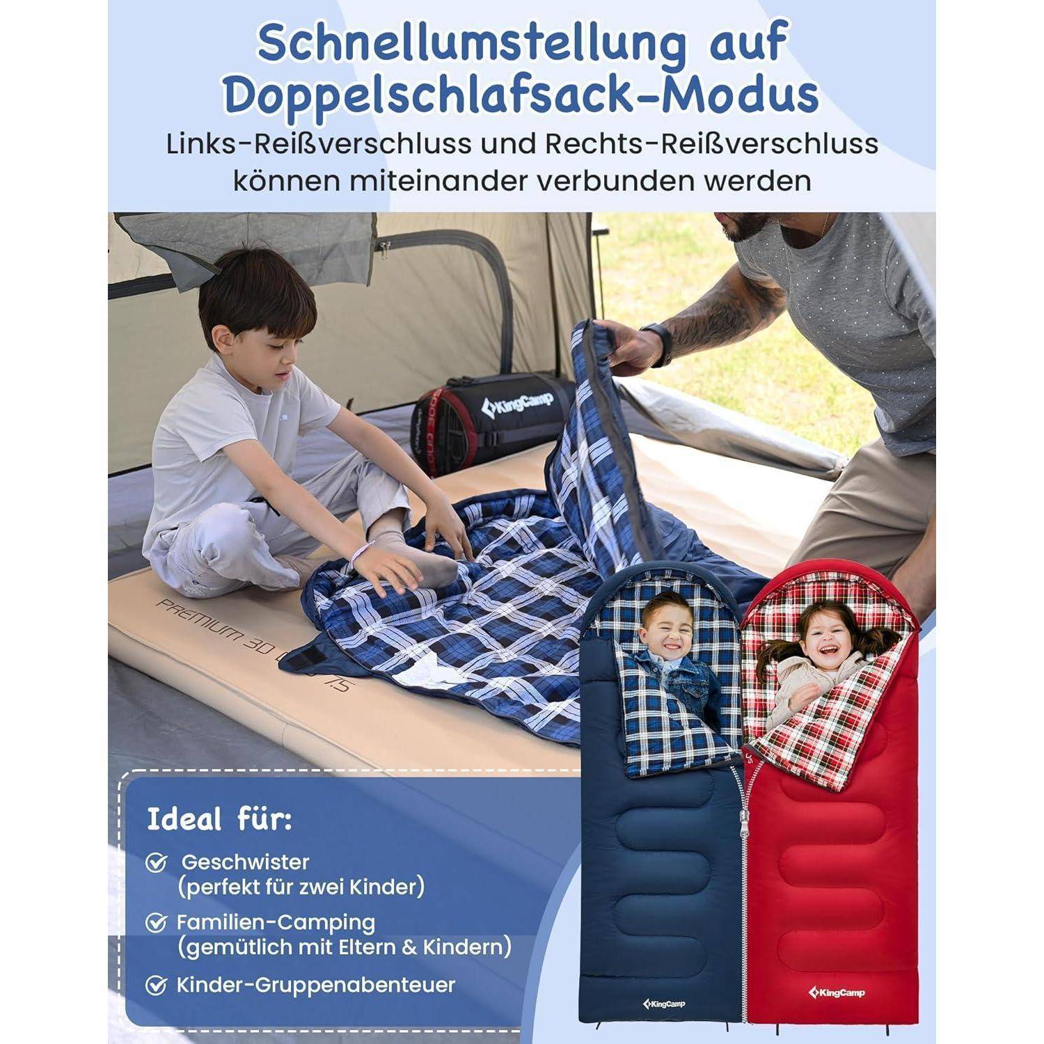 Zwei Kinder in einem Zelt spielen auf Schlafsäcken. Text hebt den „einfachen Wechsel in den Doppelschlafsack-Modus