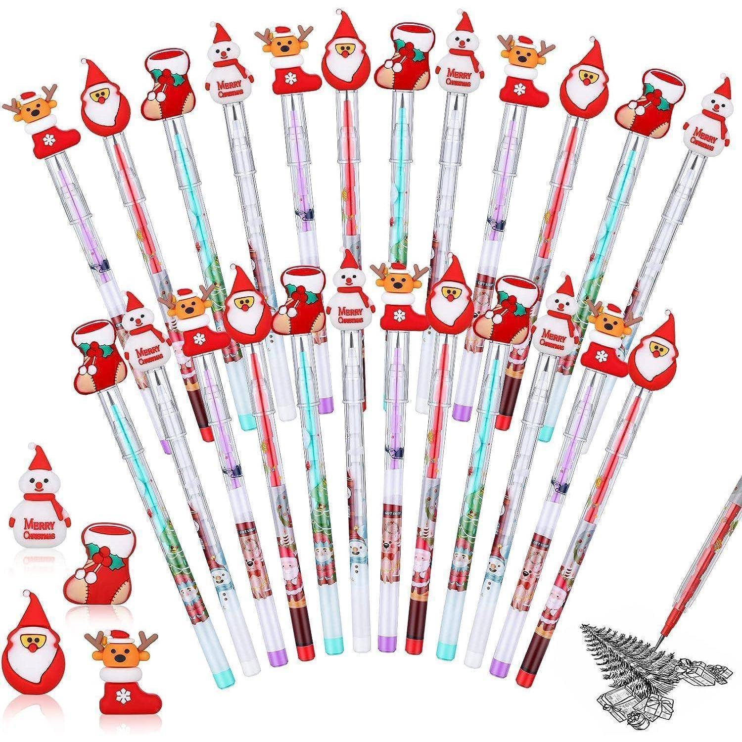 Bunte Stifte mit weihnachtlichen Figuren wie dem Weihnachtsmann und Rentieren an der Spitze, vertikal angeordnet. Ein festliches Schreibwarenset.