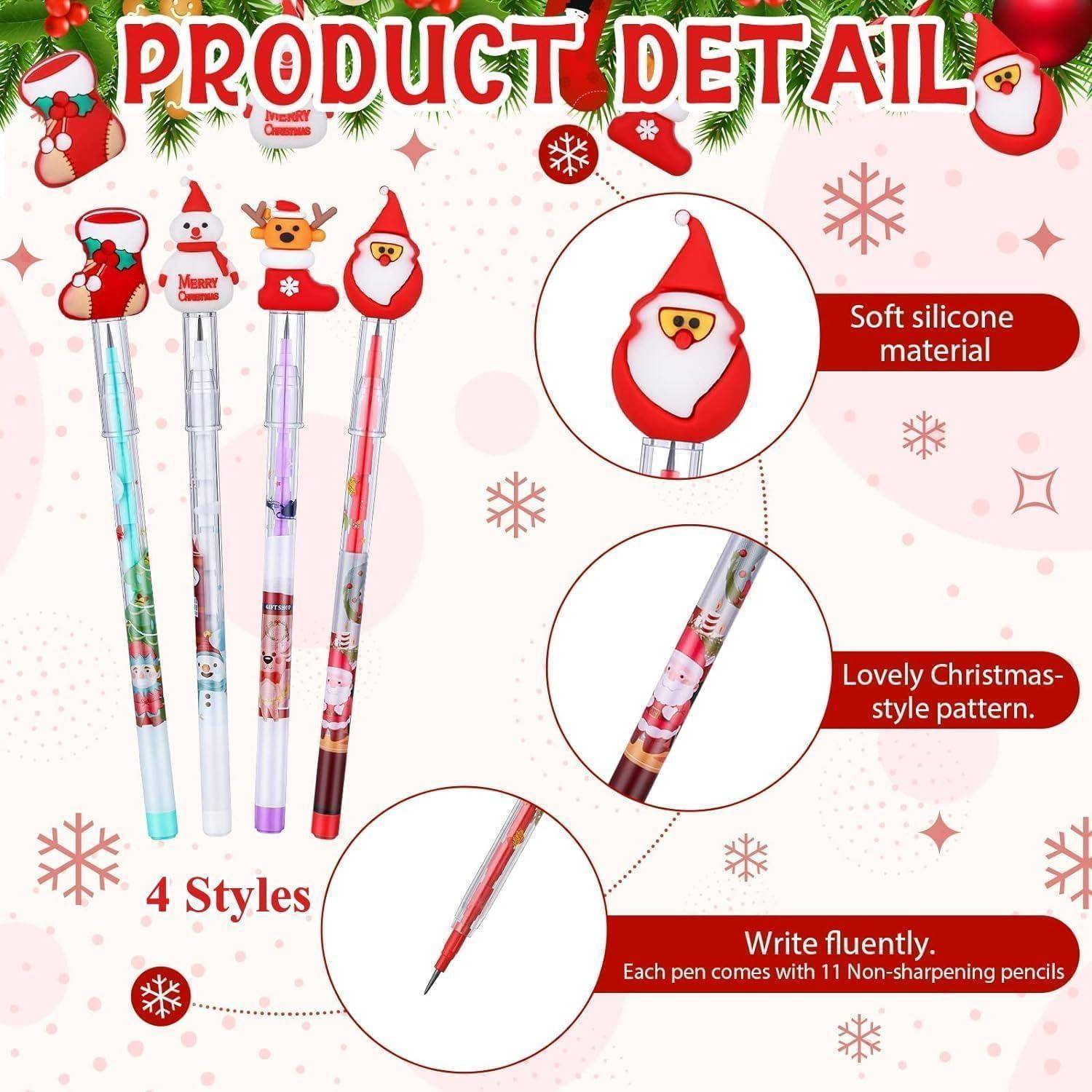 Vier Weihnachts-Stifte mit Weihnachtsmann-Designs, umgeben von Text, der die Merkmale hervorhebt: ‚Weiches Silikonmaterial', ‚Liebevolles Weihnachtsstil-Muster', ‚Schreibt flüssig', und jeder Stift enthält 11 nicht-anspitzbare Bleistifte.