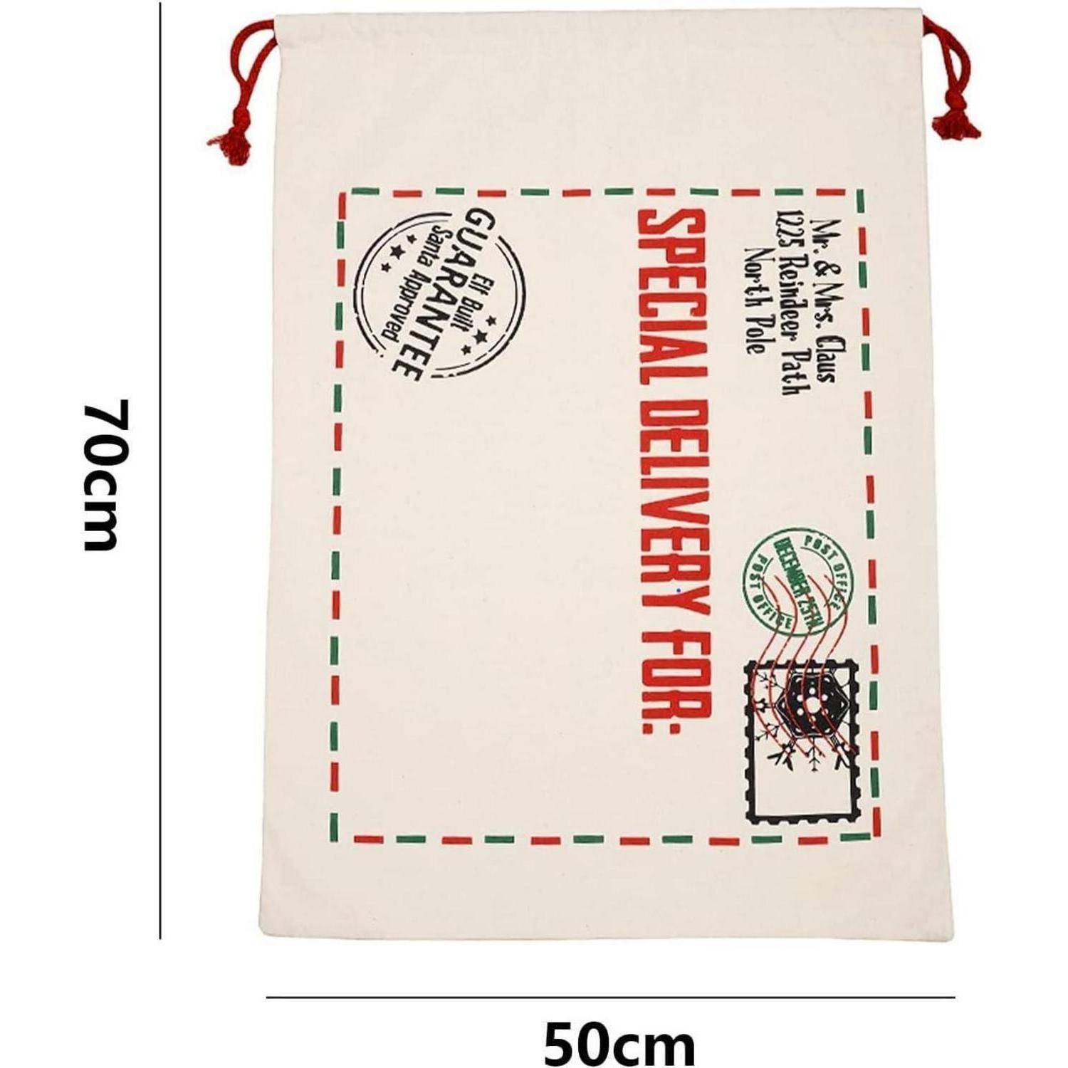 Eine cremefarbene Geschenktüte mit festlichem rot-grünem Rand trägt die Aufschrift „Sonderlieferung für: