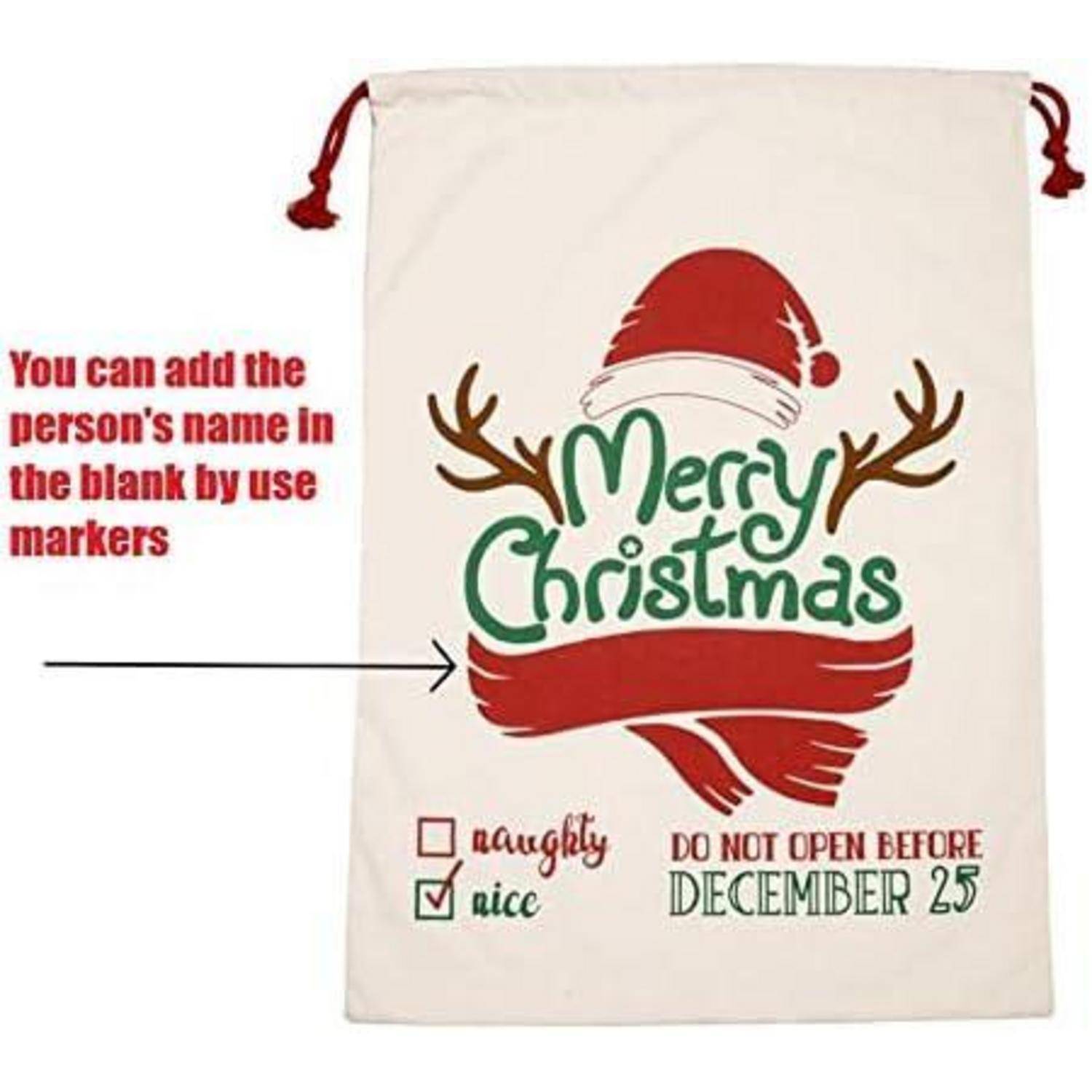 Weißer Geschenkbeutel mit rotem und grünem 'Frohe Weihnachten' Text, Weihnachtsmannmütze, Rentiergeweih. Kontrollkästchen für 'brav' und 'frech'; 'Nicht vor dem 25. Dezember öffnen'.
