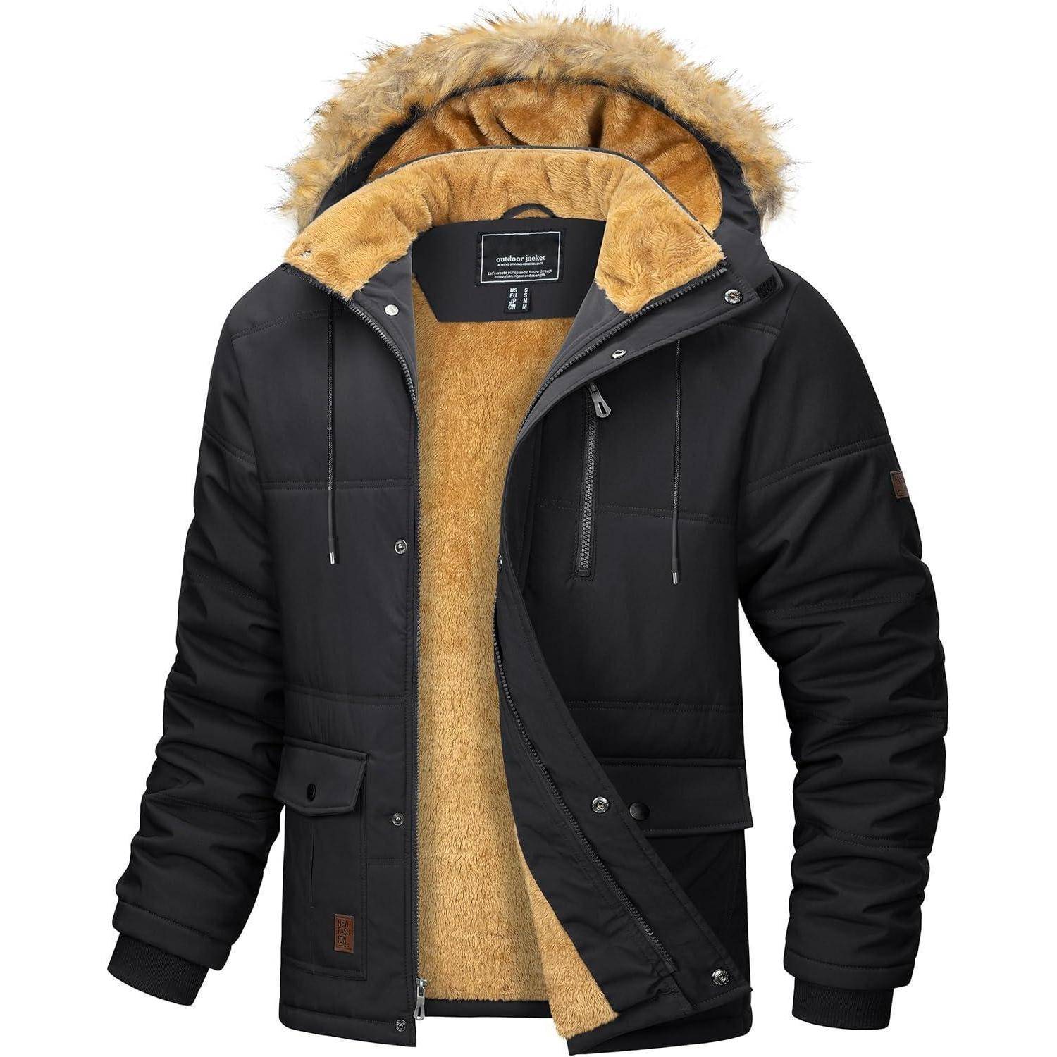 Eine schwarze Winterjacke mit einer pelzgefütterten Kapuze und beigefarbener Fleece-Innenseite, ausgestattet mit Reißverschluss- und Druckknopfverschlüssen.