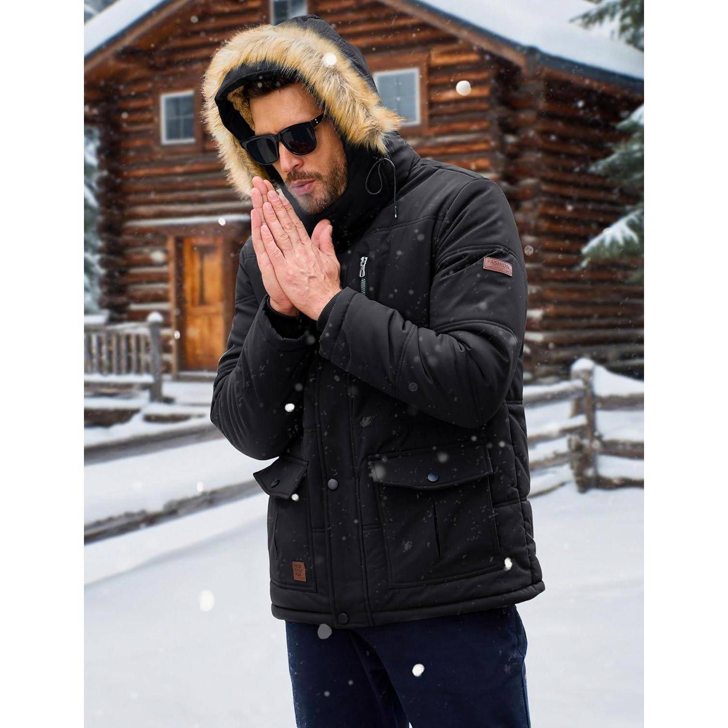 Eine Person trägt einen schwarzen Wintermantel mit Fellkapuze, Sonnenbrille und hat die Hände übereinander verschränkt, und steht vor einer Blockhaushütte in einer verschneiten Umgebung.