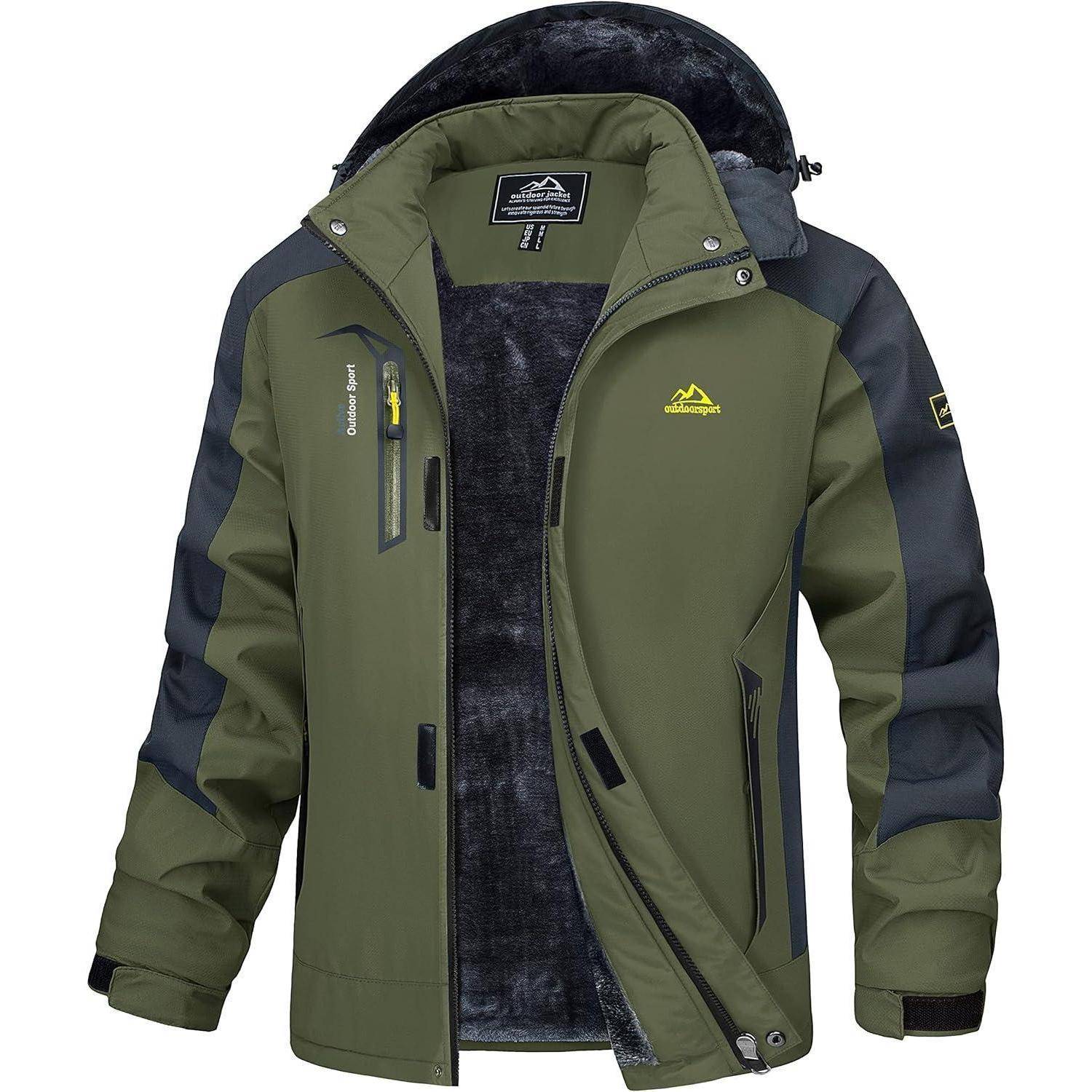 Eine grüne und graue Outdoor-Jacke mit weichem Innenfutter, Reißverschlusstaschen und einer Kapuze. Geeignet für Aktivitäten bei kaltem Wetter.