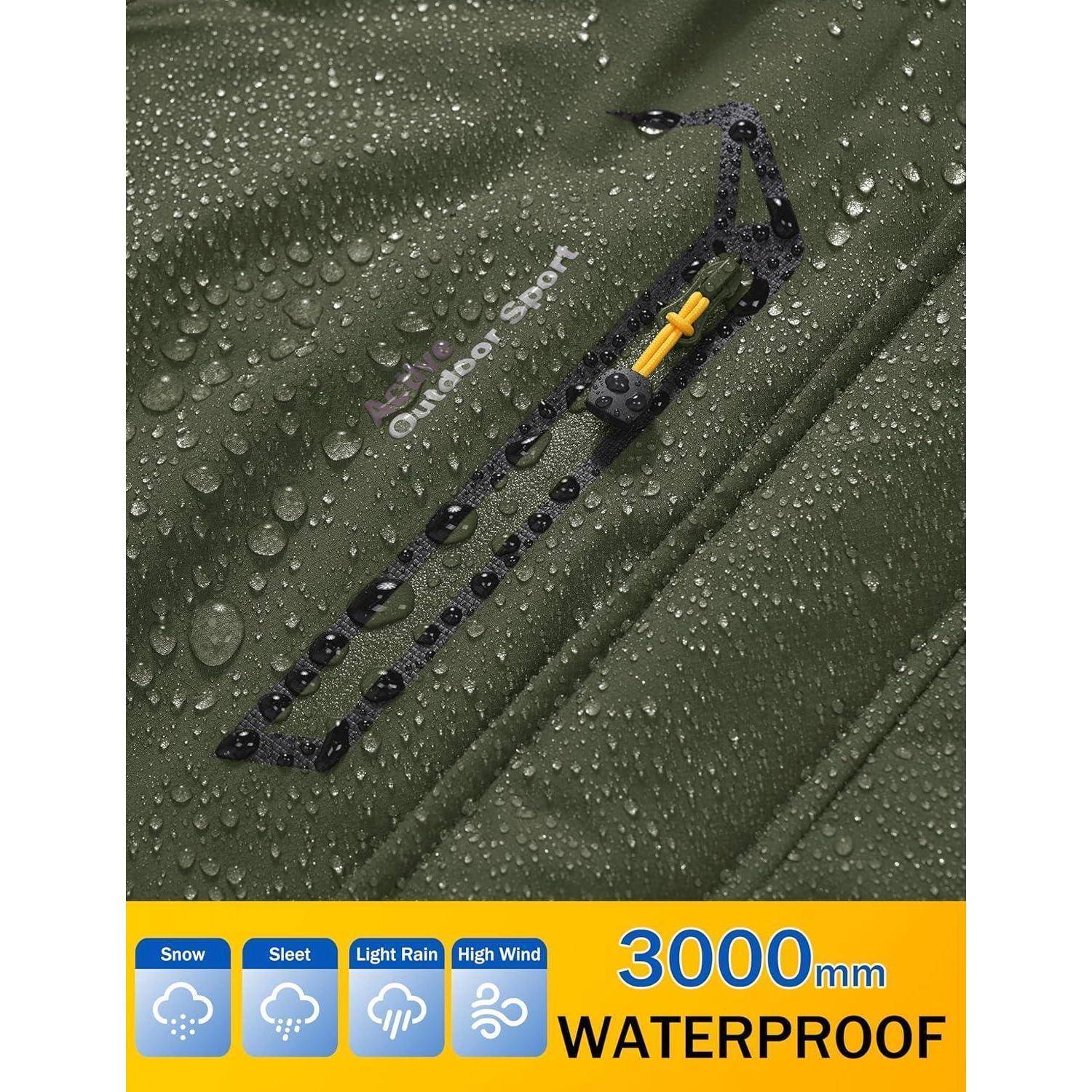 Sportbekleidung für den Außenbereich mit Wassertropfen. Wasserdichtigkeit von 3000 mm. Symbole zeigen Widerstandsfähigkeit gegen Schnee, Graupel und leichten Regen.
