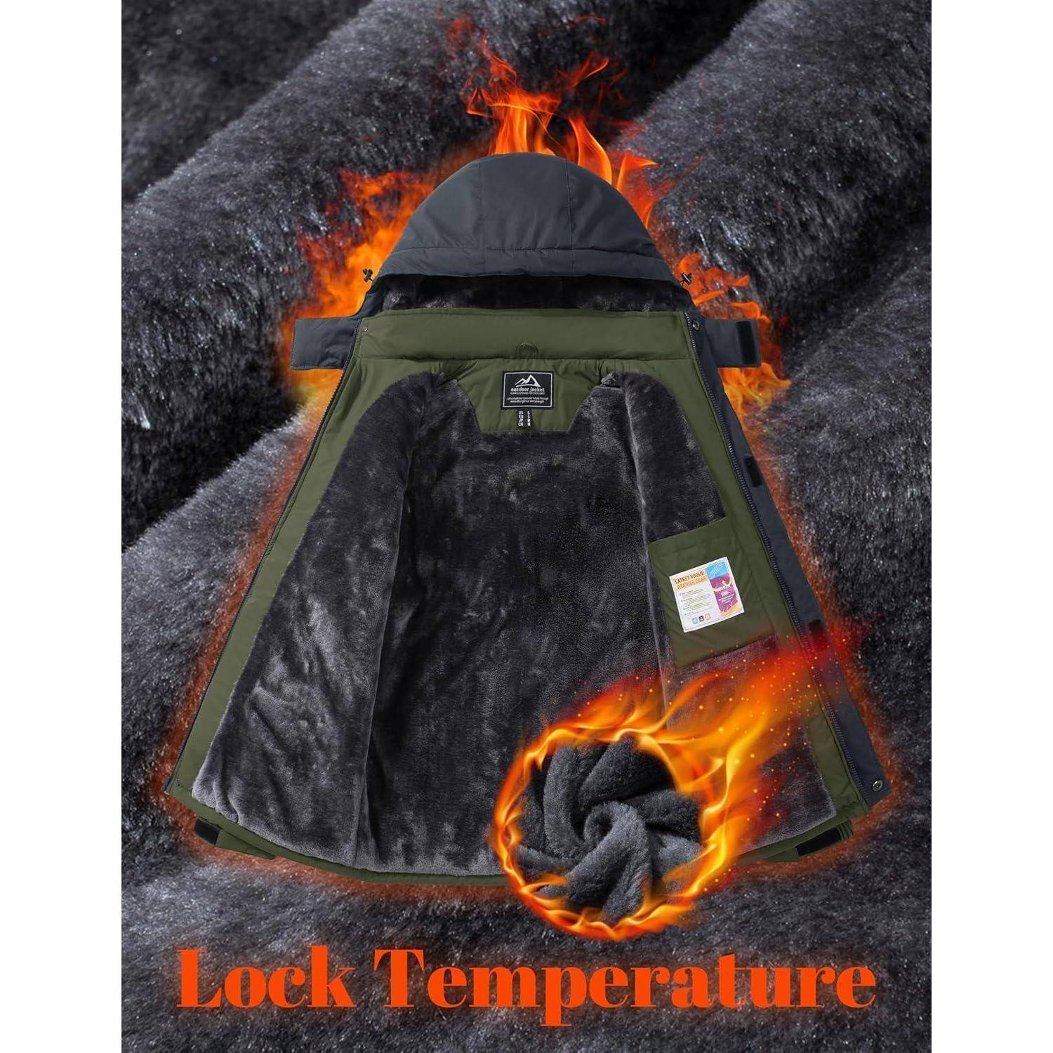Jacke mit Feuereffekt, die Wärme und feuerfestes Material zeigt. Text liest sich „Lock Temperature
