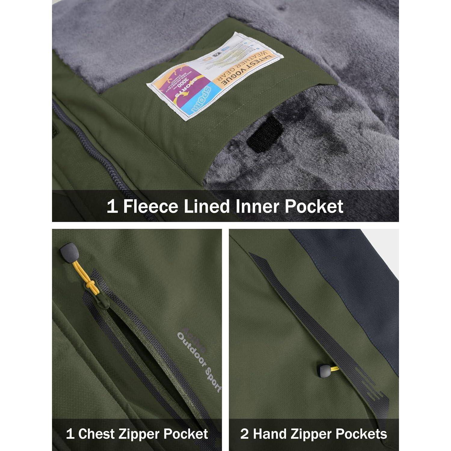 Die Jacke verfügt über eine mit Fleece gefütterte Innentasche, eine Brusttasche mit Reißverschluss und zwei Handtaschen mit Reißverschluss, was ihre Aufbewahrungsmöglichkeiten unterstreicht.