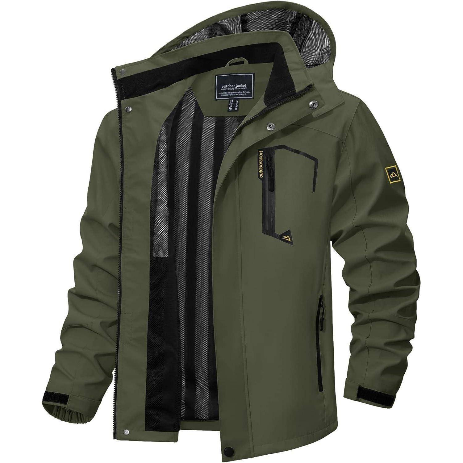 Grüne Kapuzenjacke mit Reißverschluss vorne, Brusttasche und verstellbaren Manschetten, speziell für den Outdoor-Einsatz entwickelt.